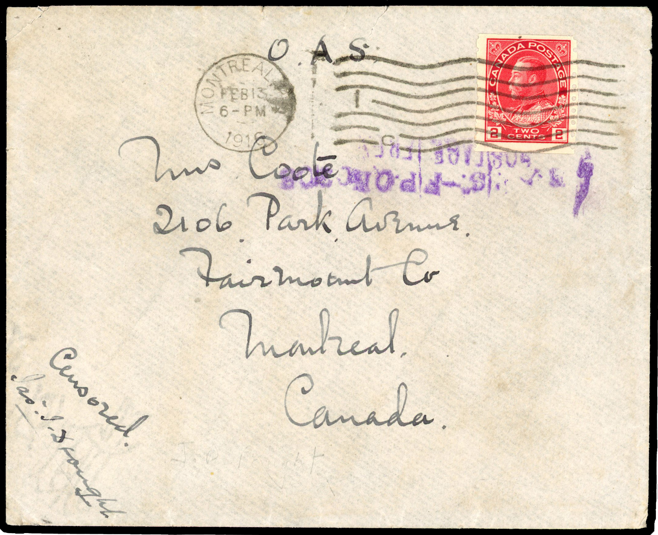 1915 envelope with contents marked “O.A.S.” to Montreal: ‘F.P.O./No. 305/18 DE 15’ despatch backstamp and front