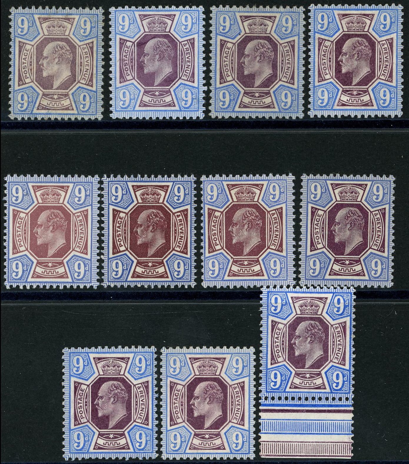 1902-13 9d group, unmounted o.g., with SG 250,...