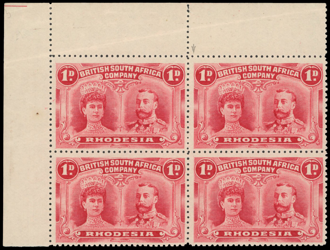 1d bright carmine SG 123 corner block, positions 1-12 mint