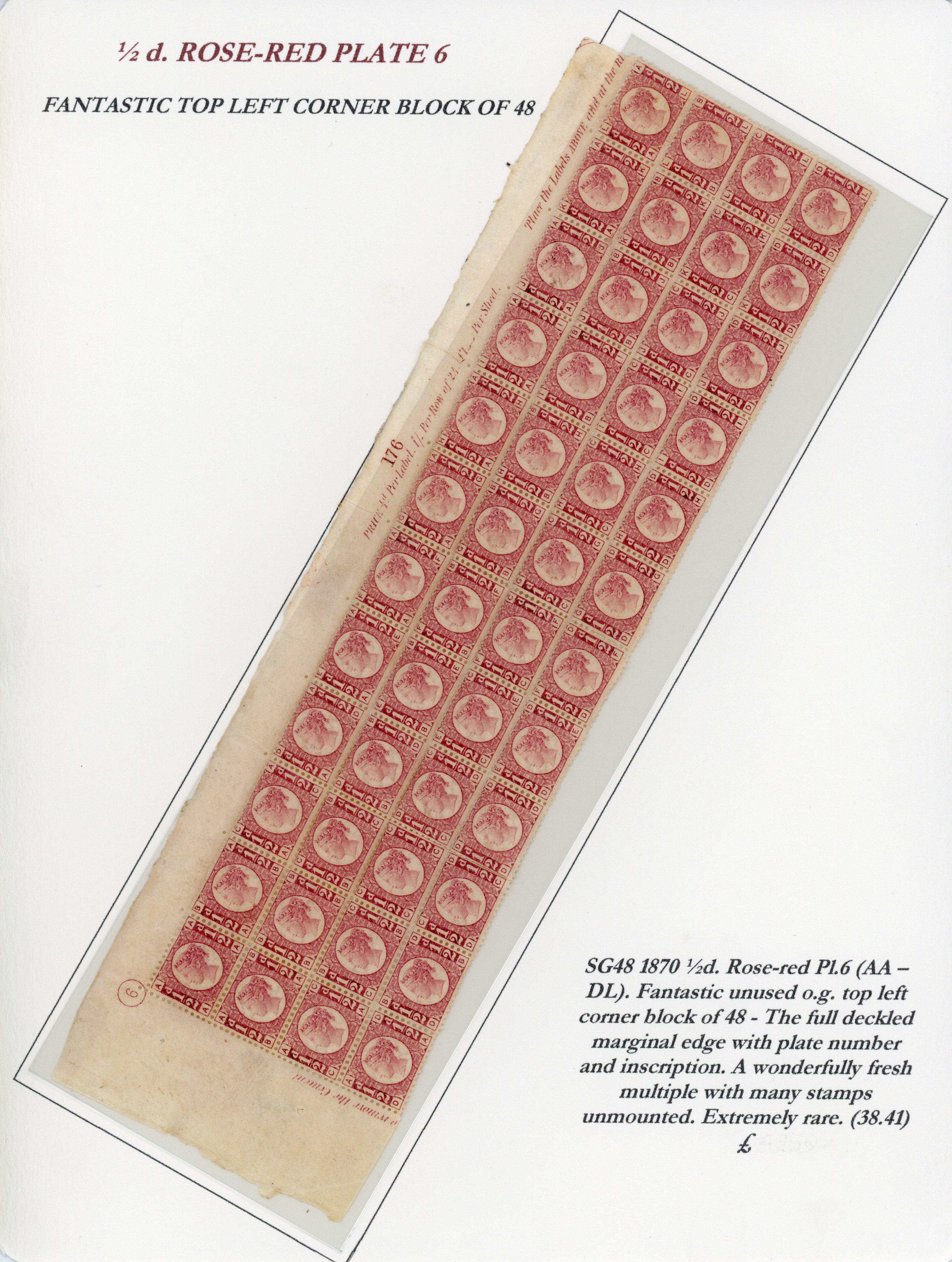 Great Britain SG 48 Plate 6 left marginal block of 48 mint 