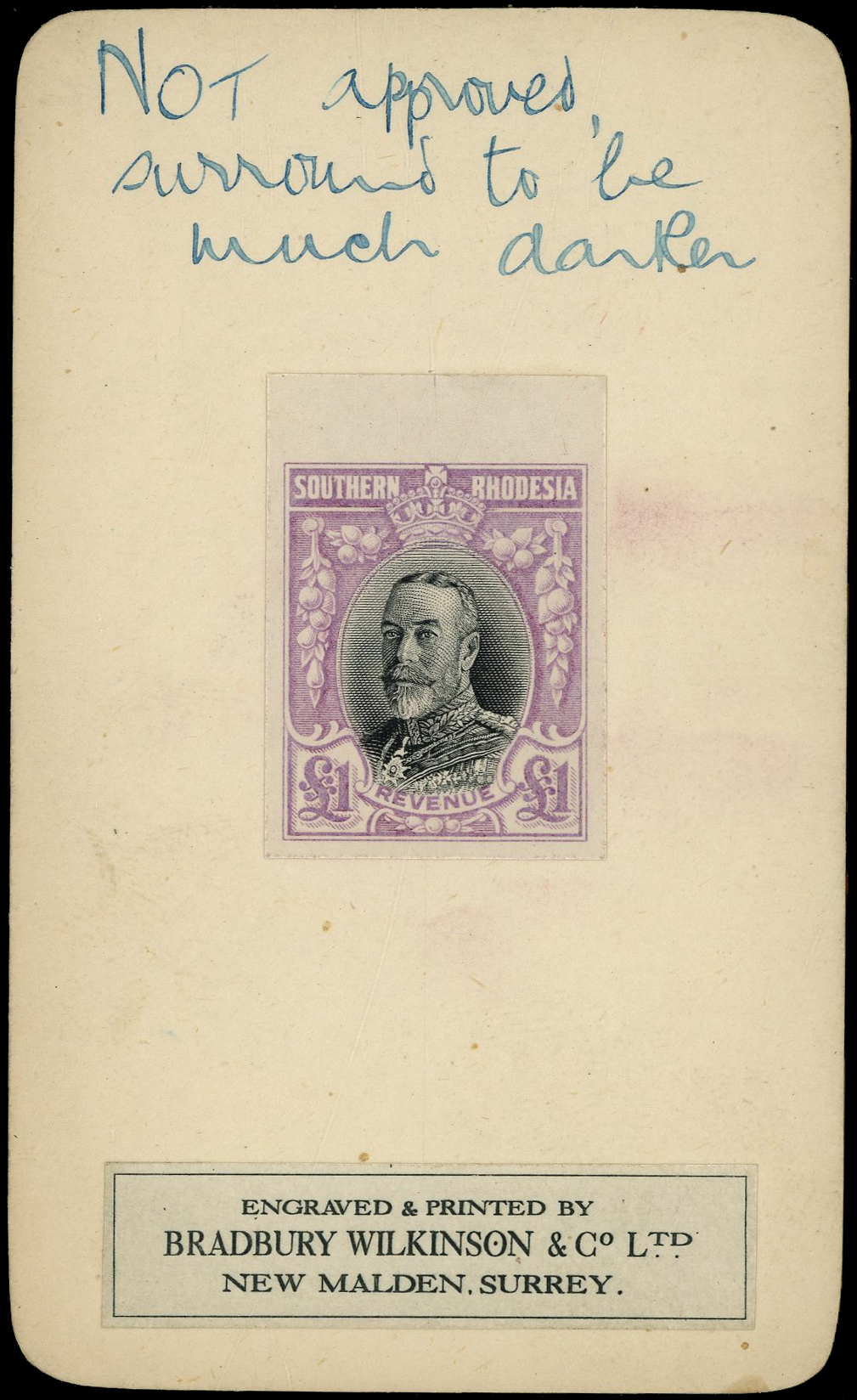 Southern Rhodesia Revenue 1930 10s green and red, imperforate colour trial