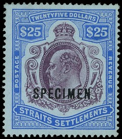 1911 $25 purple and blue on blue paper overprinted SPECIMEN Type D12, fresh colours, a couple of perfs at top a little...