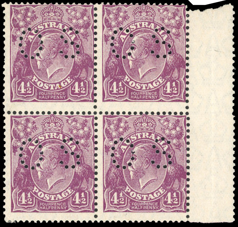 AUSTRALIA: 1926-30 4½d violet block of 4 with gutter margin at right, centred to top still, fresh unmounted o.g. SG O109