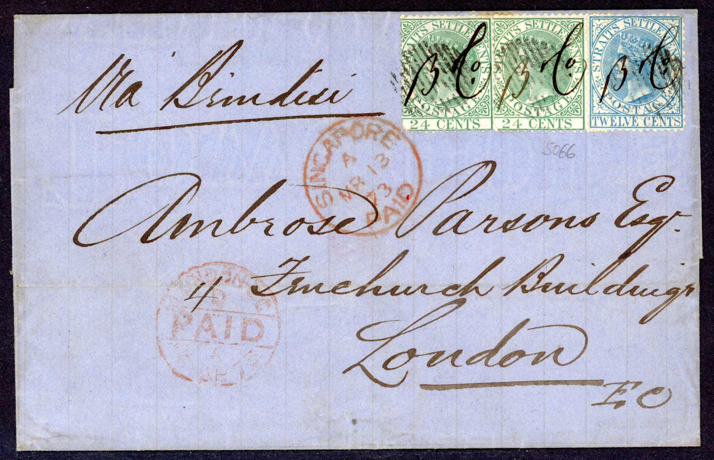 Straits Settlements SG 15, 16 1873 OLS from Singapore to London at double rate