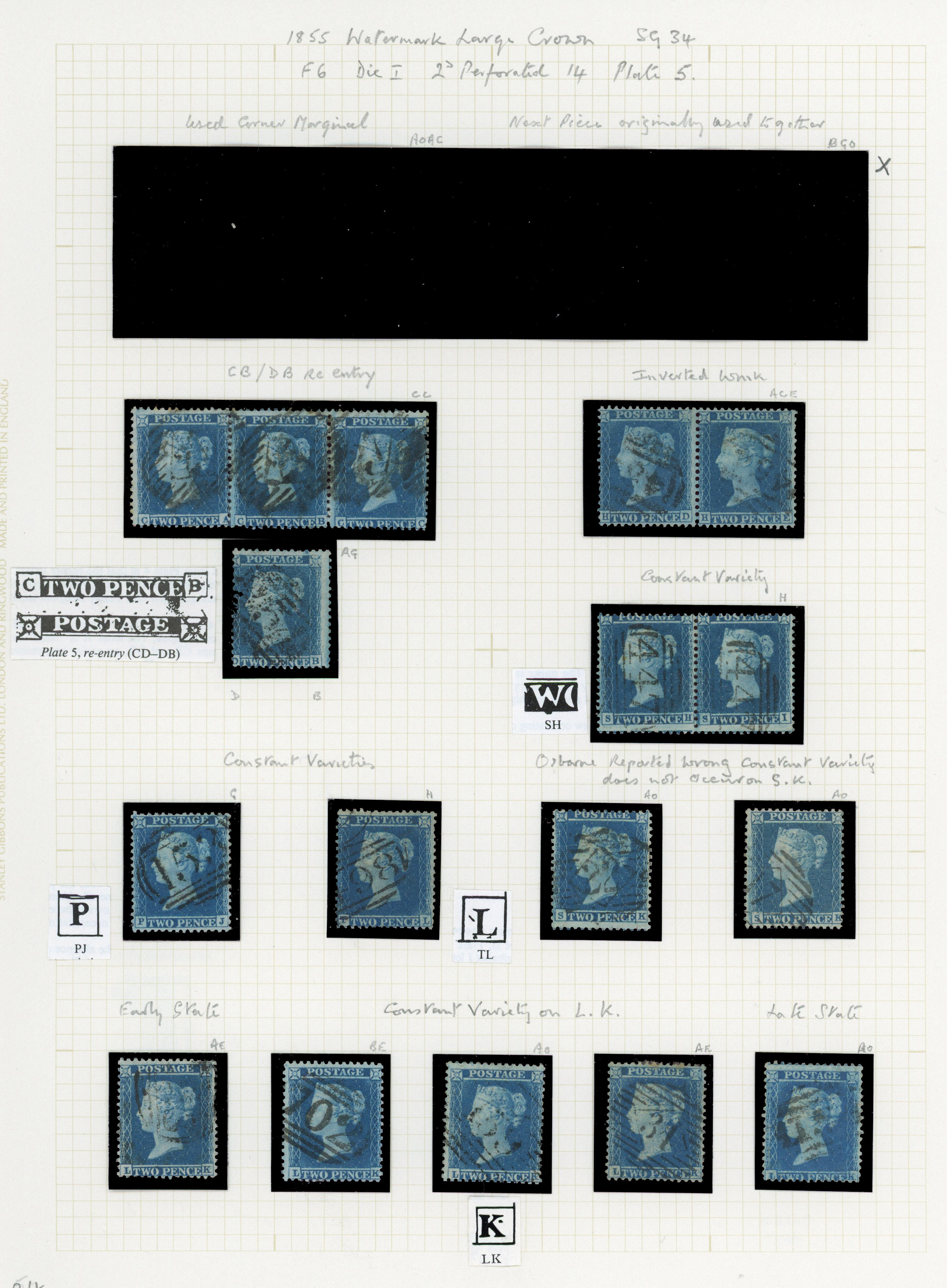 1855 2d Blue Pl.5 (SG34, Die I, Alphabet II, Wmk. Large Crown, Perf 14). A fine group of thirteen used examples