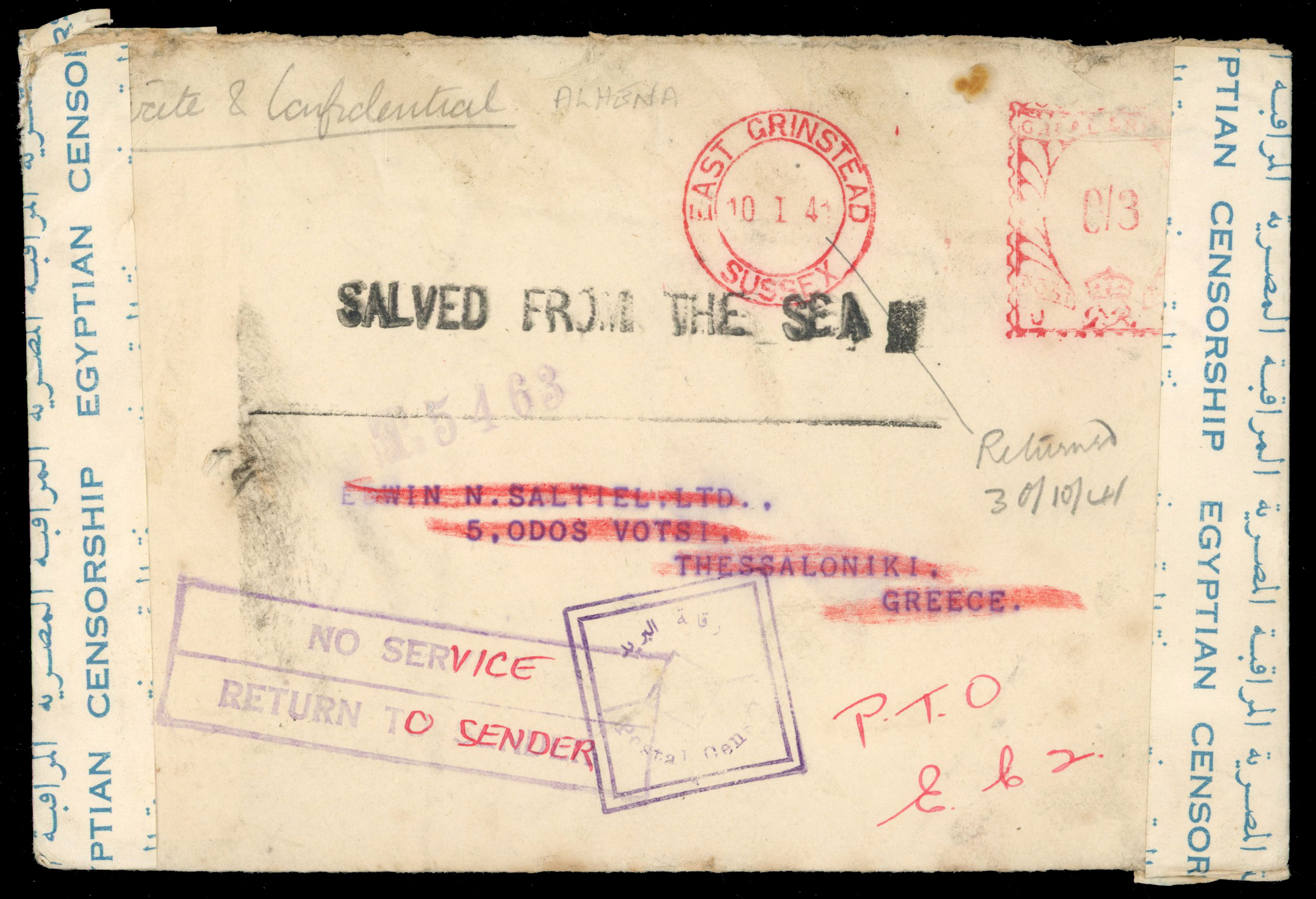 GB 1941 (10.1) 'salved from the sea' cover to Greece