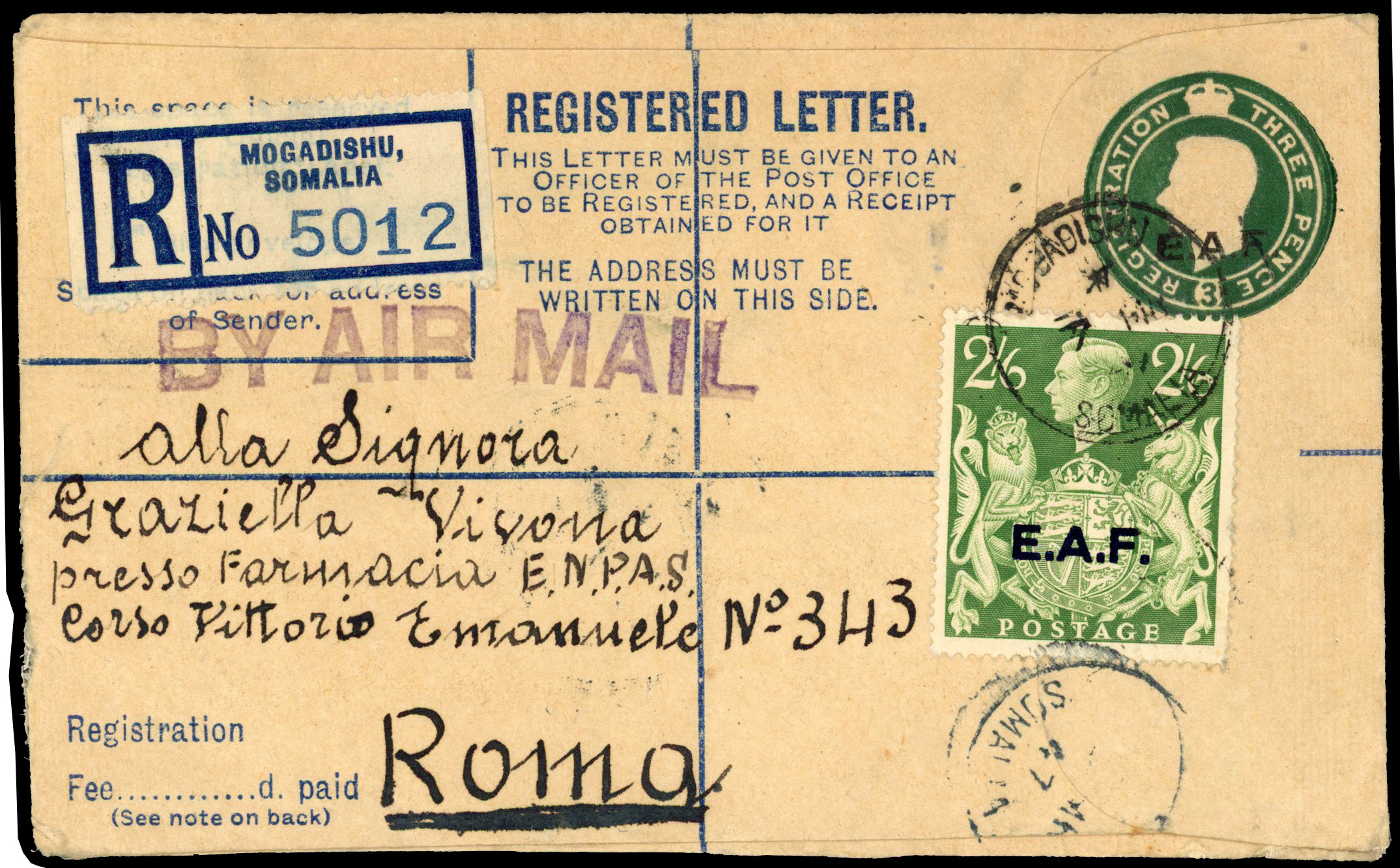 BOIC Somalia reg. postal stationery envelope