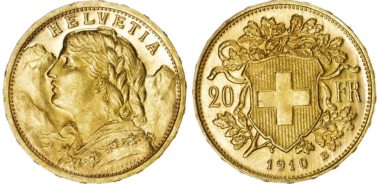 Switzerland. Confederation AU 20 Francs "Vreinli". 1910B. 
