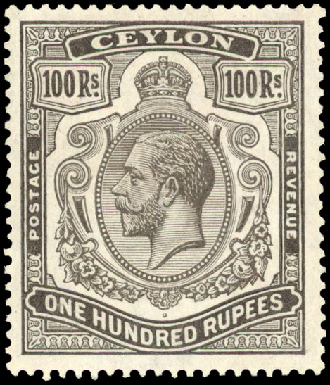 Ceylon 1912-25 wmk MCA 100r grey-black, fine large part o.g. S.G. 321