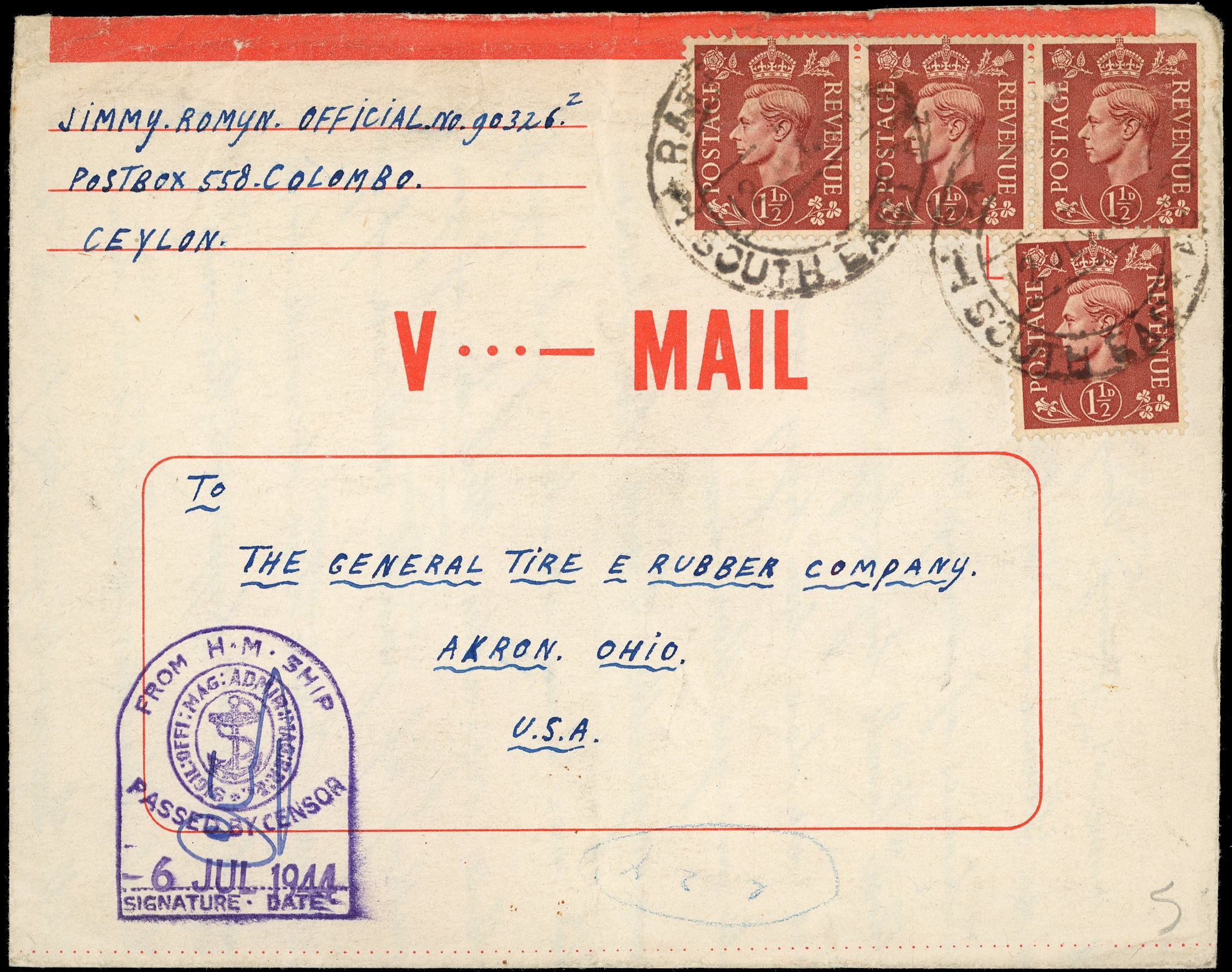 Ceylon WW2 Vmail from a Dutch sailor to USA