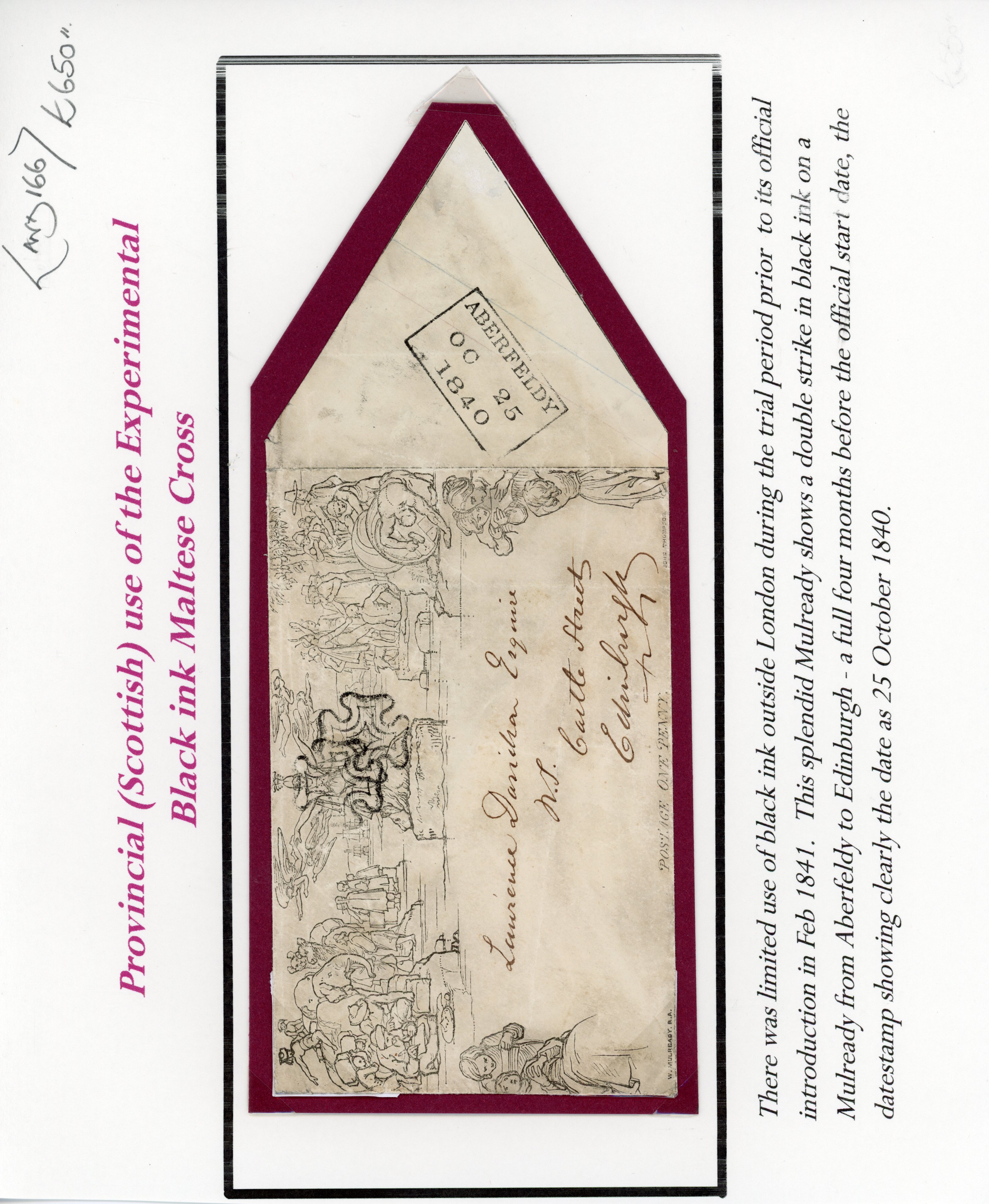 GB 1840 1d Mulready envelope (A 142) to Edinburgh, two Aberfeldy Maltese Crosses