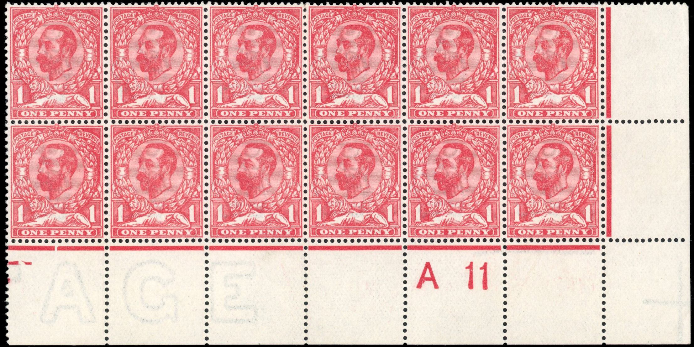 GB 1911-12 1d rose-pink, mint unmounted control A11 block of twelve