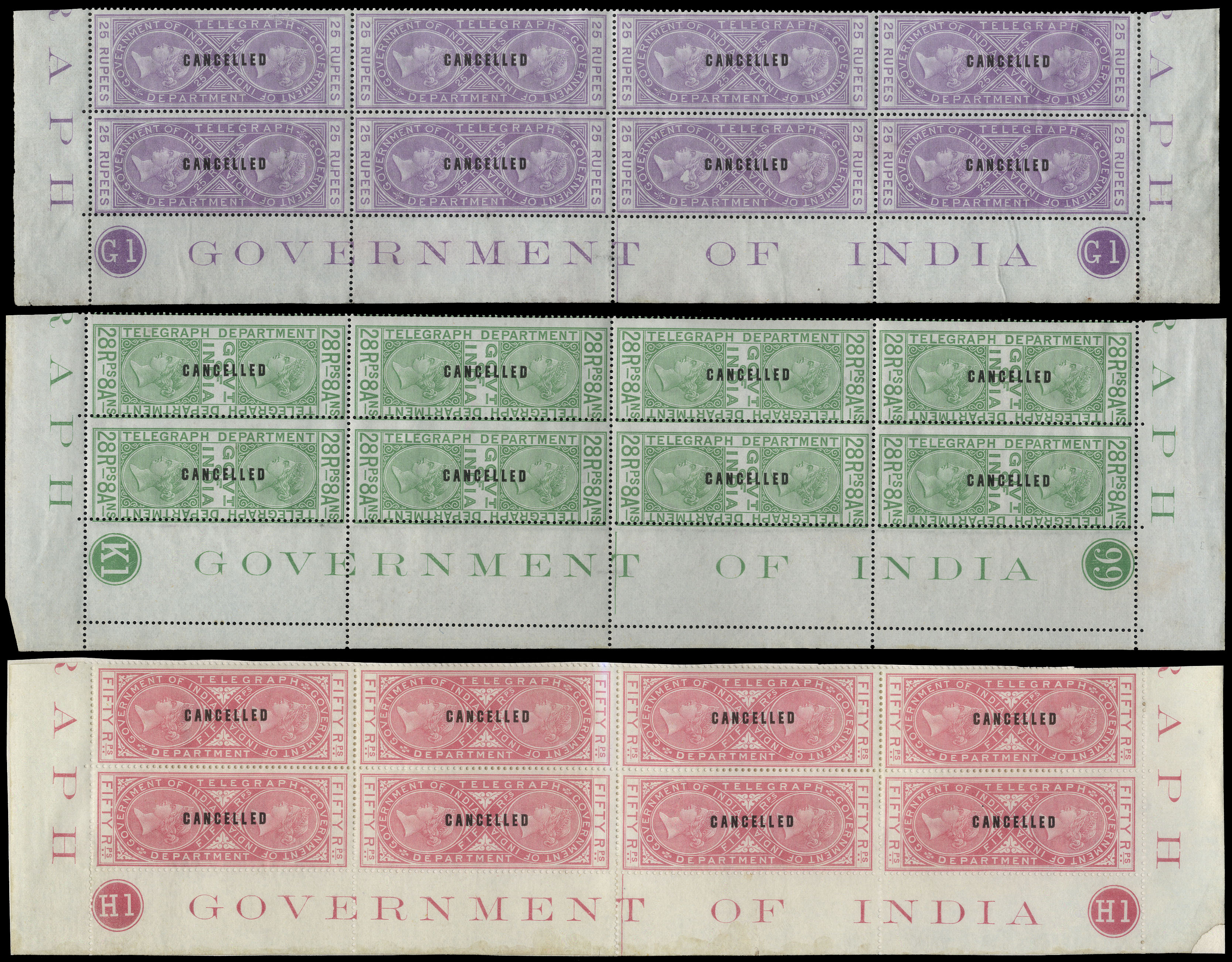 India Telegraphs QV values in vertical strips optd CANCELLED SG T4-T19
