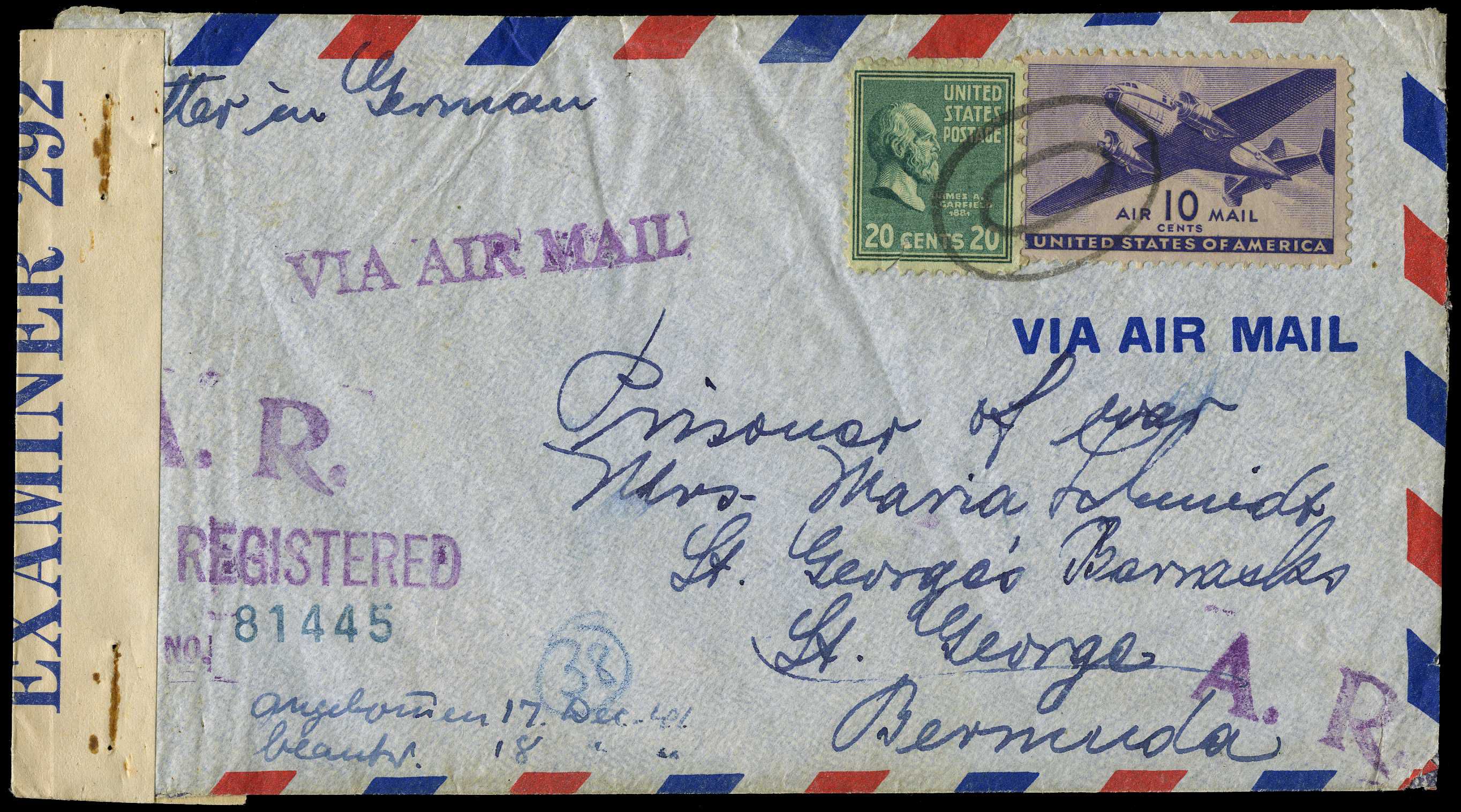 CENSORED MAIL: 1941 internees envelope...