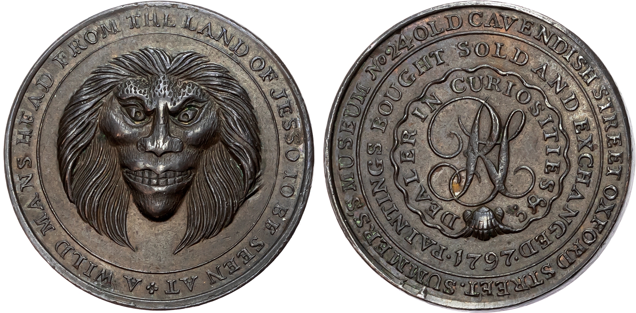London , Old Cavendish St. Richard Summer (perfumer and dealer in curiosities) Halfpenny 1797, Head of a wildman from Je …