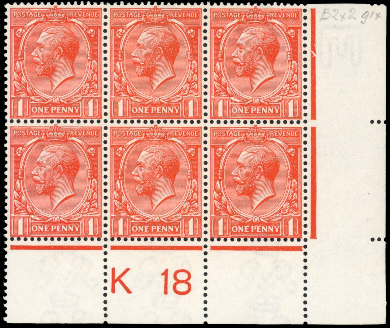 GB; 1912-24 1d orange-vermilion, mint unmounted mint, lower right control K18 block of six