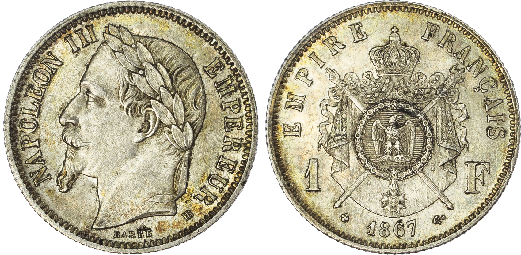 France. Napoleon III AR 1 Franc. 1867BB. 