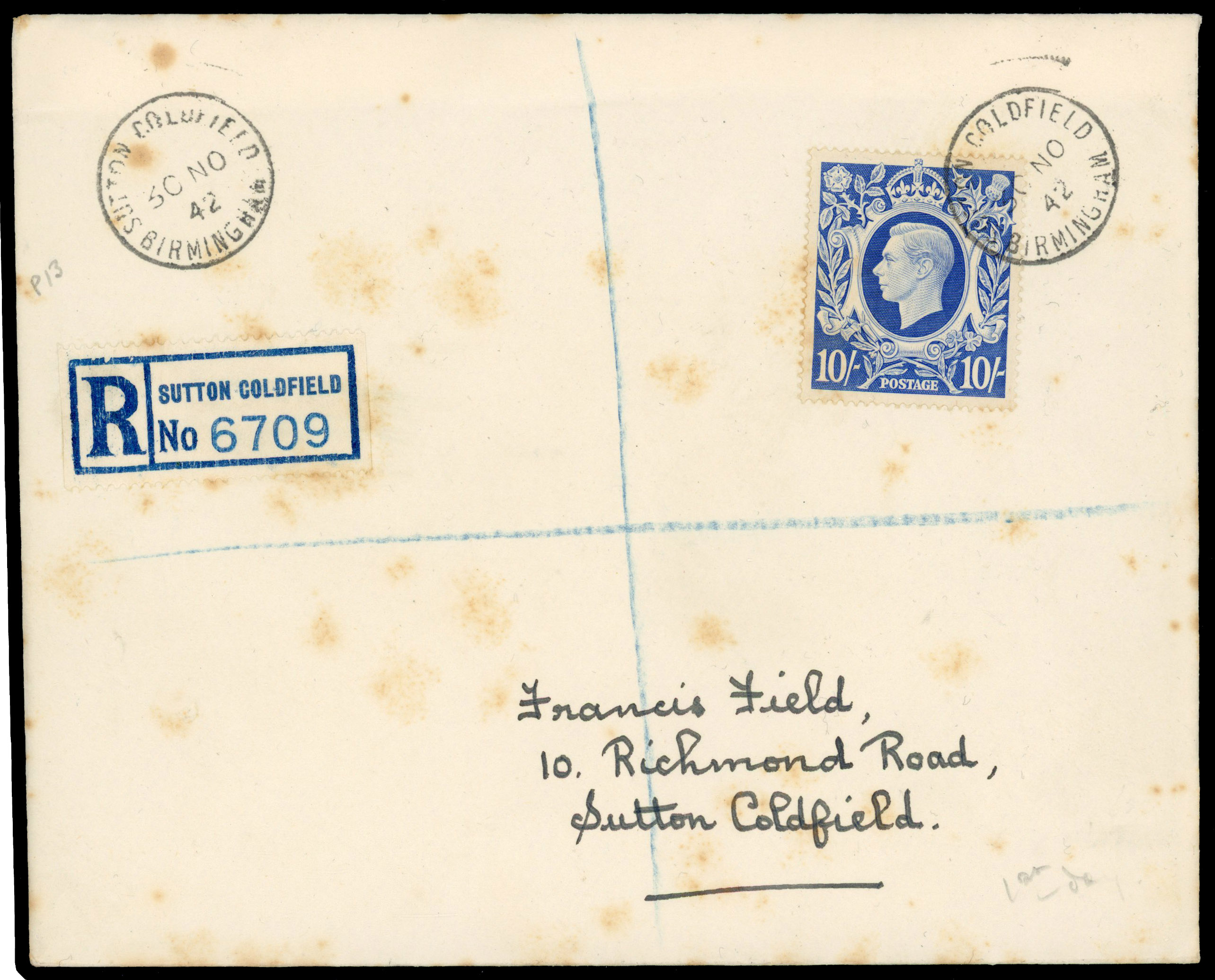 1942 10s Ultramarine ‘Arms’ High Values. FDC