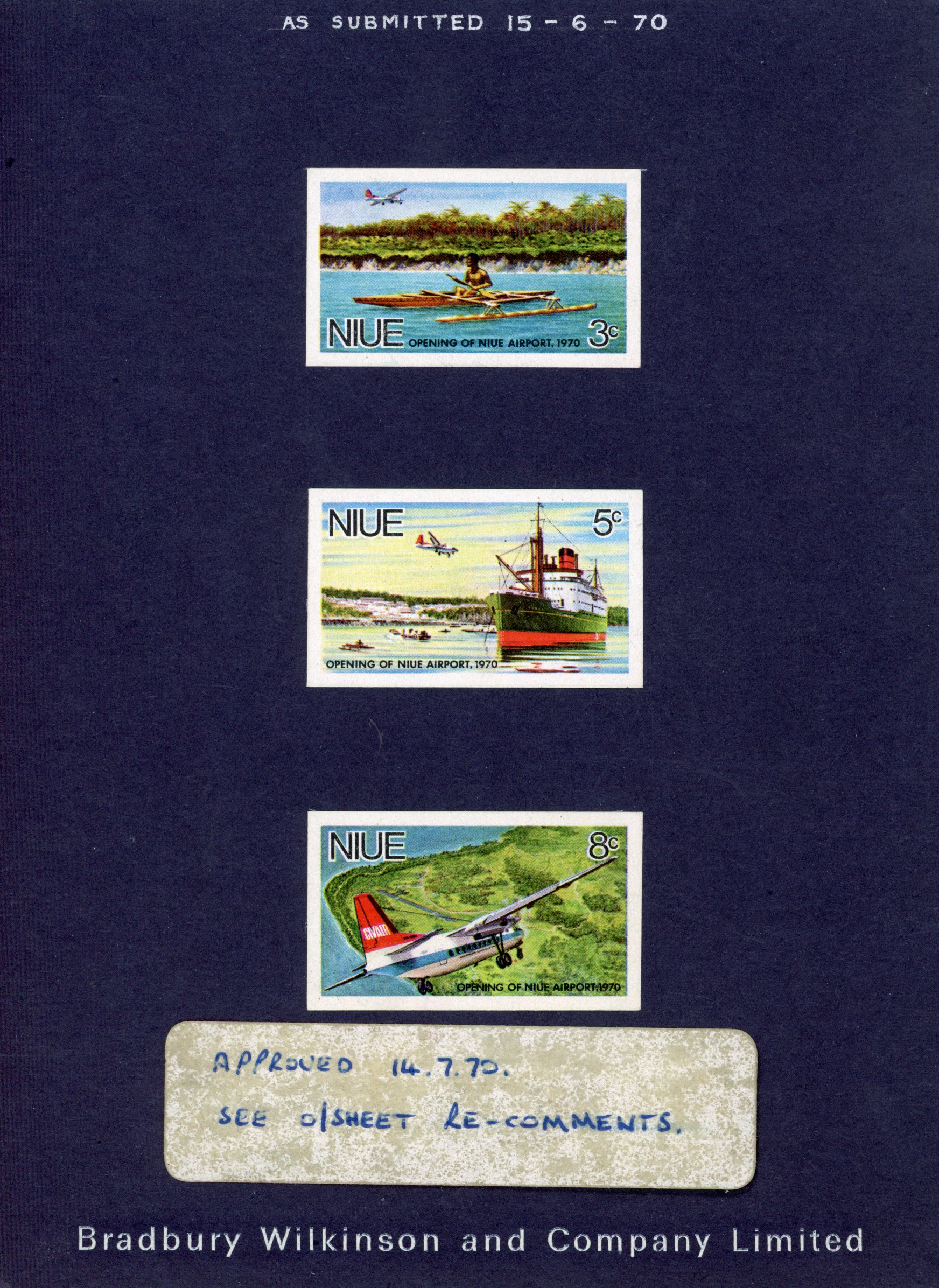 NIUE: 1970 Airport Opening set of three imperforate colour proofs affixed to Bradbury Wilkinson card endorsed "AS SUBMITTED 
