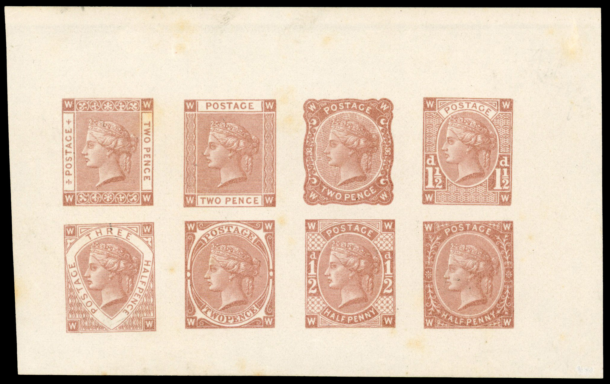 1880 ½d, 1½d & 2d Tender Essays. Imperforate composite die proof