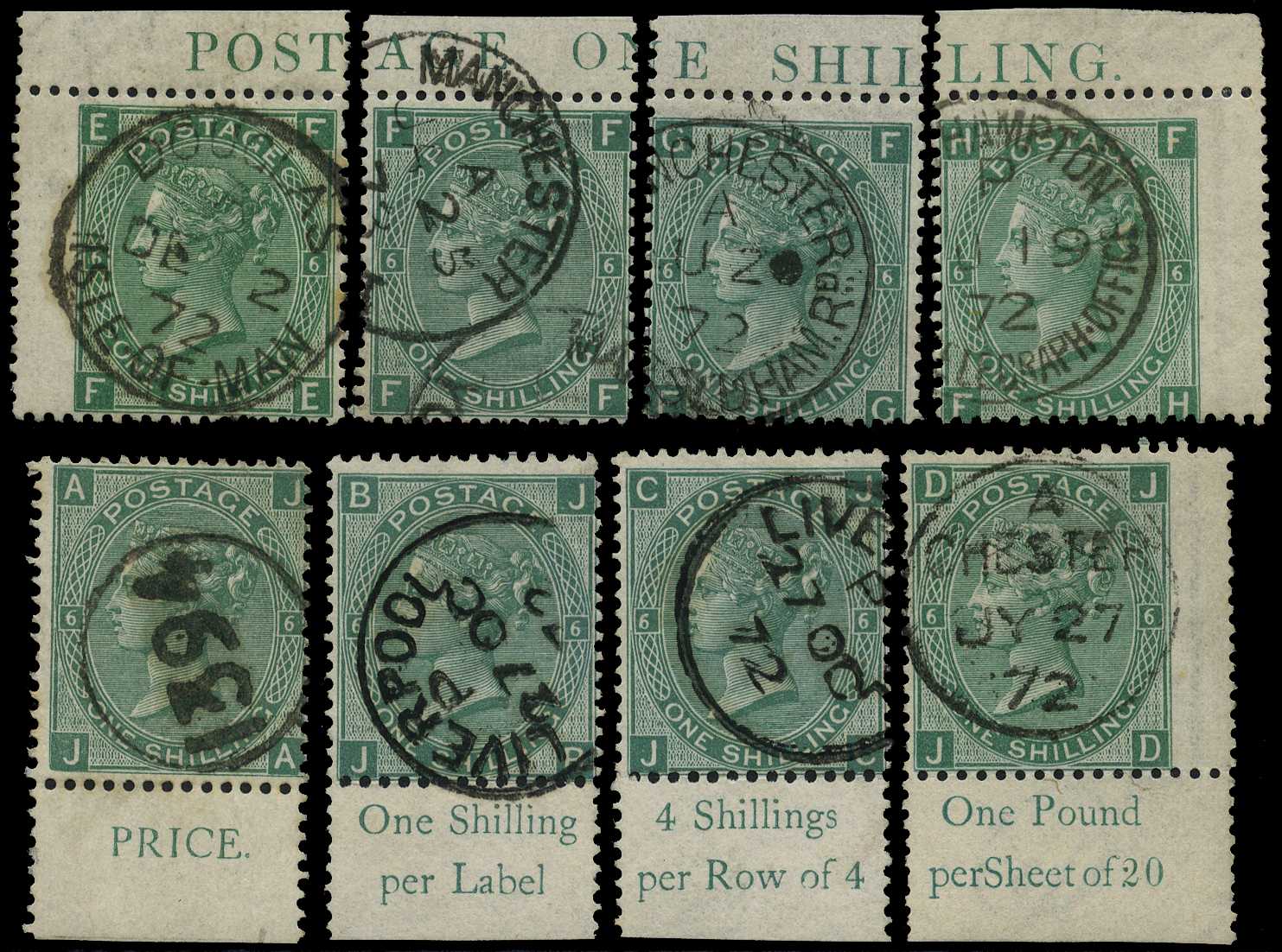 1872 1s green plate 6, a group of 8...