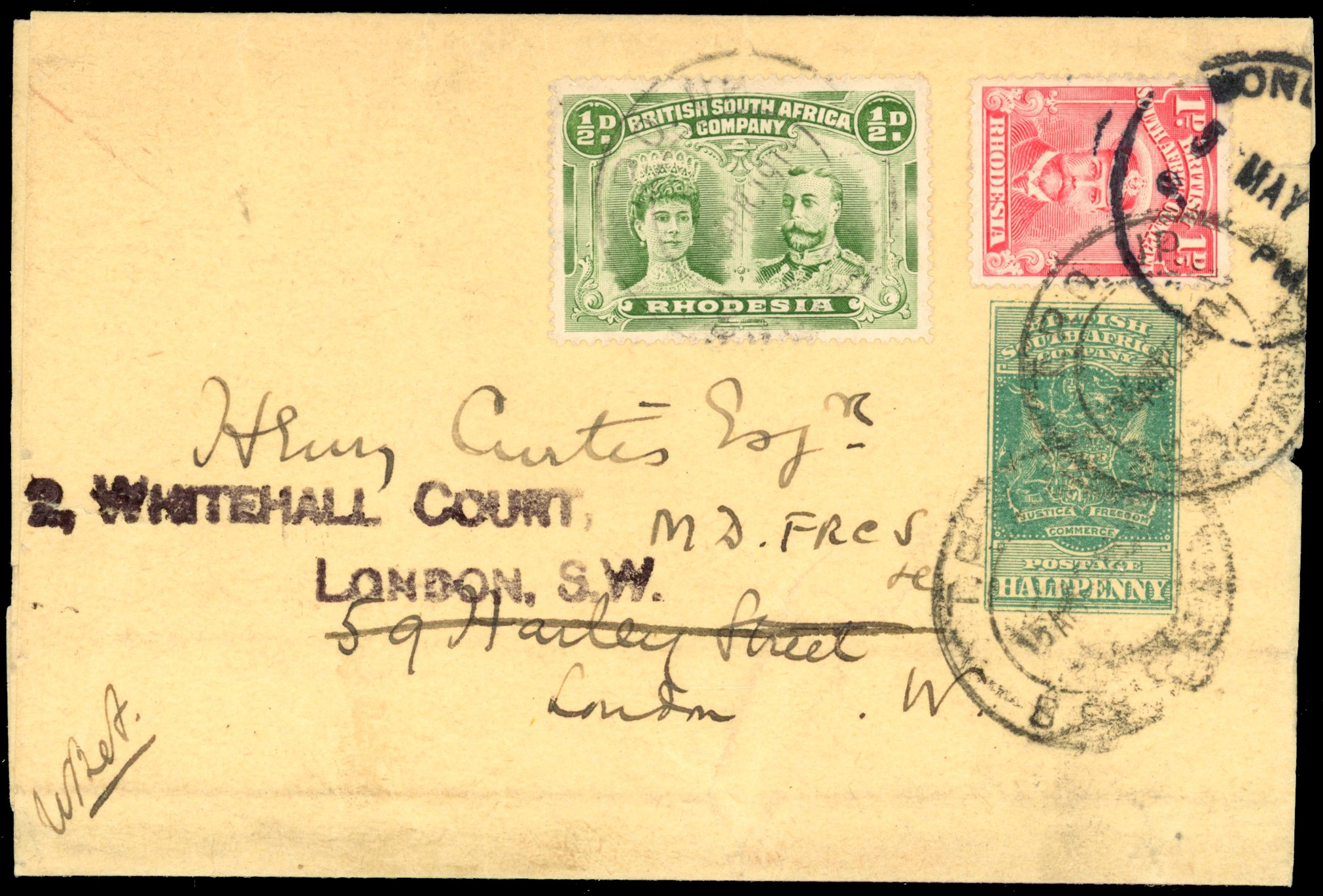 Rhodesia 1d Admiral on 1914 wrapper, TPO UP CDSs