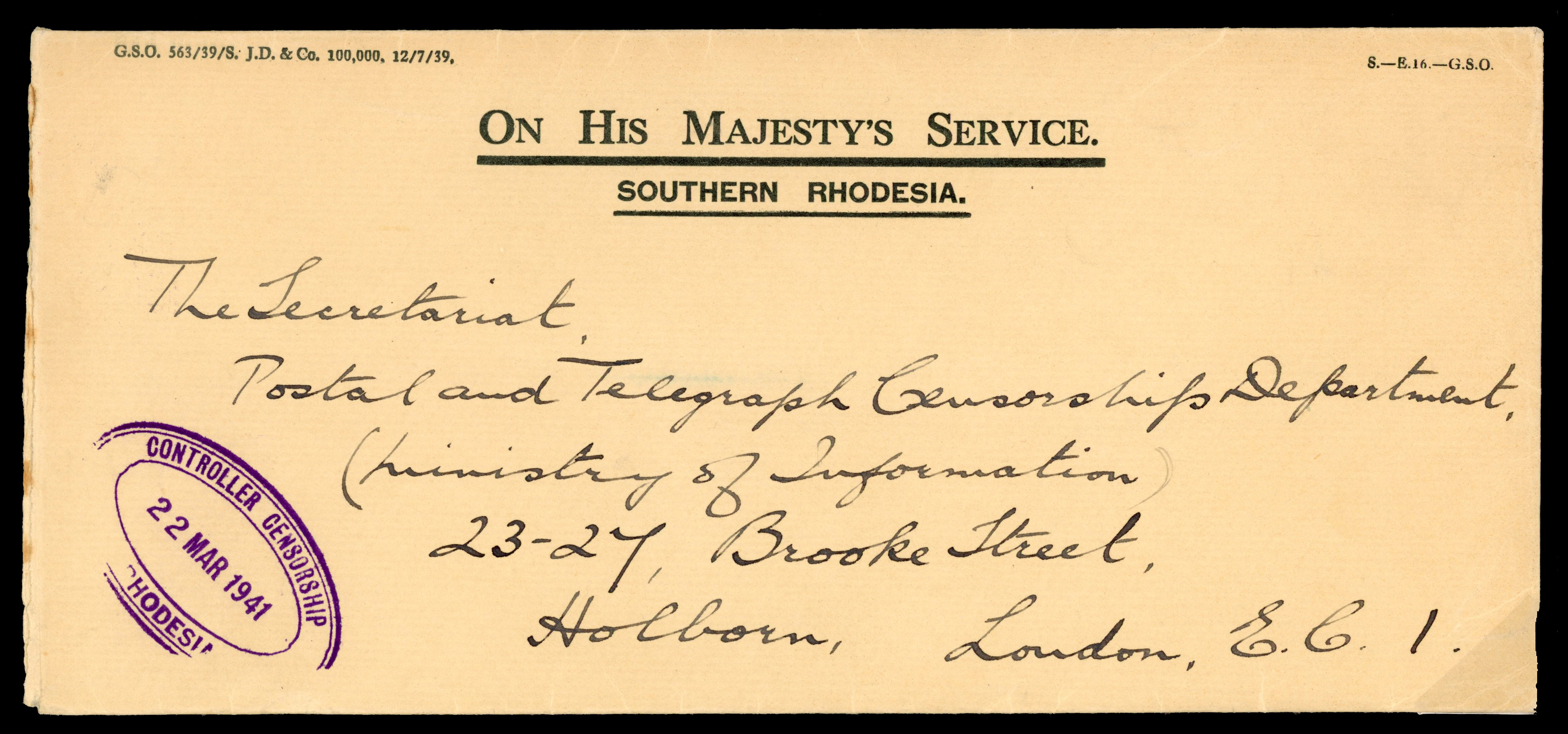SOUTHERN RHODESIA: 1942 stampless OHMS cover to London with a left triple oval “CONTROLLER CENSORSHIP