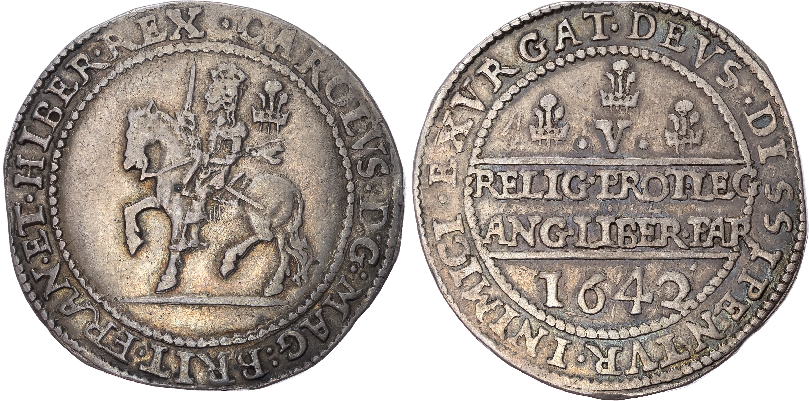 Charles I (1625-1649) Crown, Shrewsbury mint, 1642, no mintmark. Short ‘Shrewsbury’ horseman left standing on groundline…