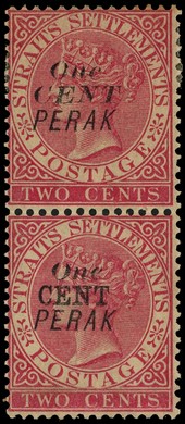 1889 1c on 2c pale rose vertical pair, the upper stamp surcharge Type 32 with large part o.g., the lower stamp Type 35 with...