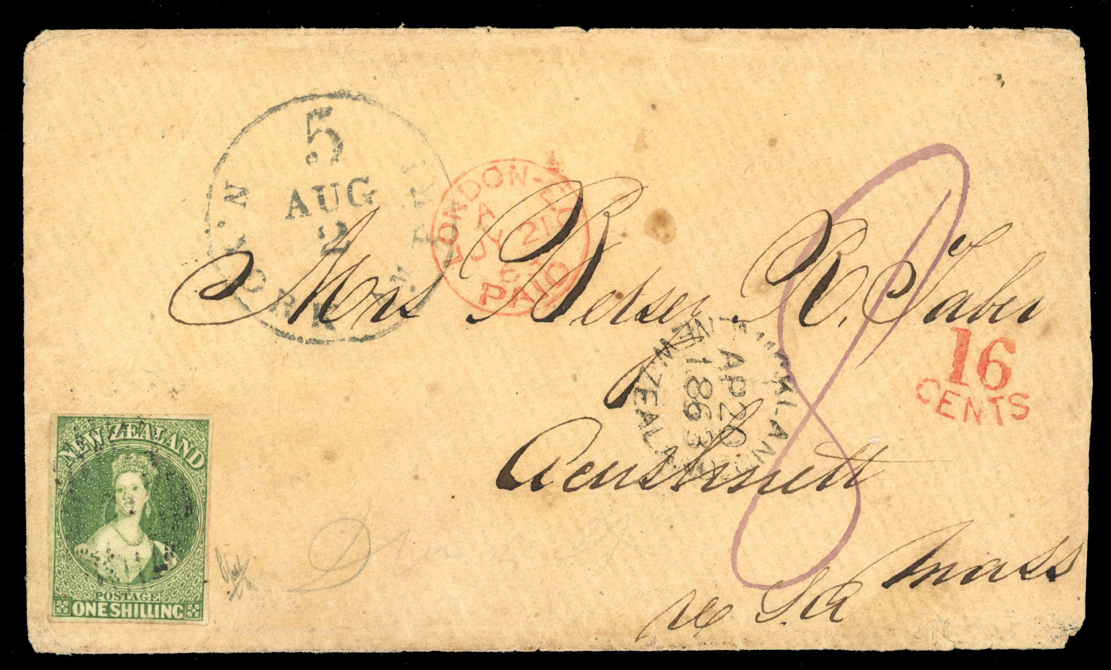 NEW ZEALAND 1863 cover to Massachusetts 