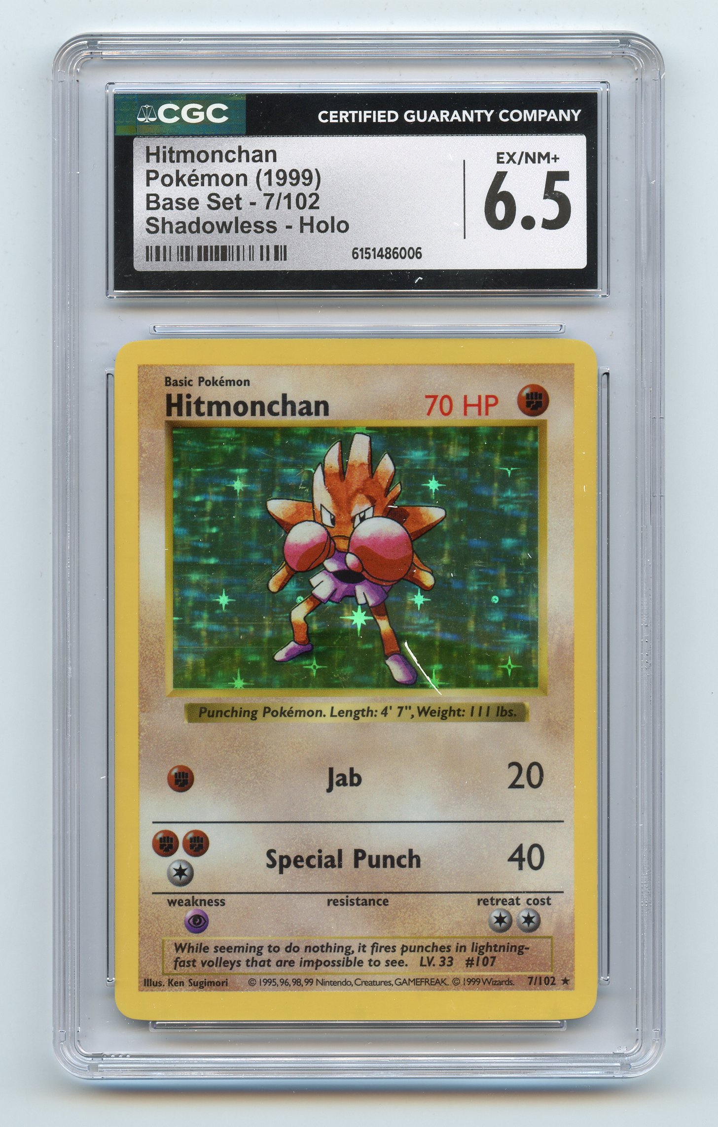 CGC 6.5 Hitmonchan #7 Shadowless Holo Base Set