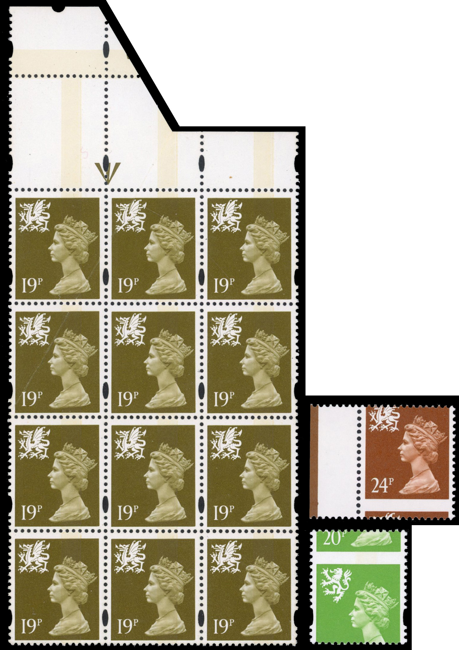 GB: REGIONALS: Wales 1993-93 19p bistre, one centre band, mint unmounted block of twelve showing dramatic fold-over