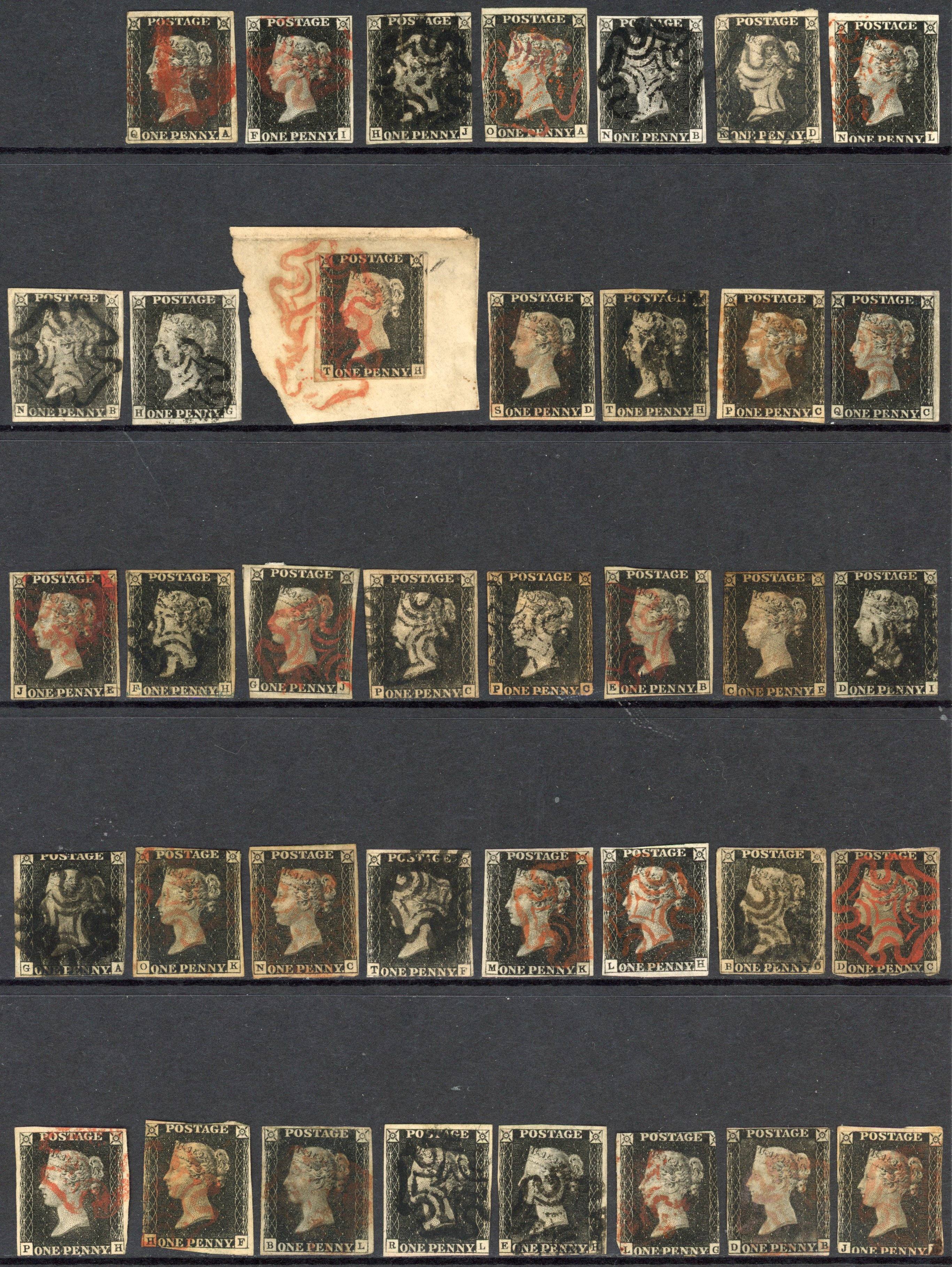 1840 1d black, fifty unplated stamps, arranged on stockcards, with no to four margins and cancelled