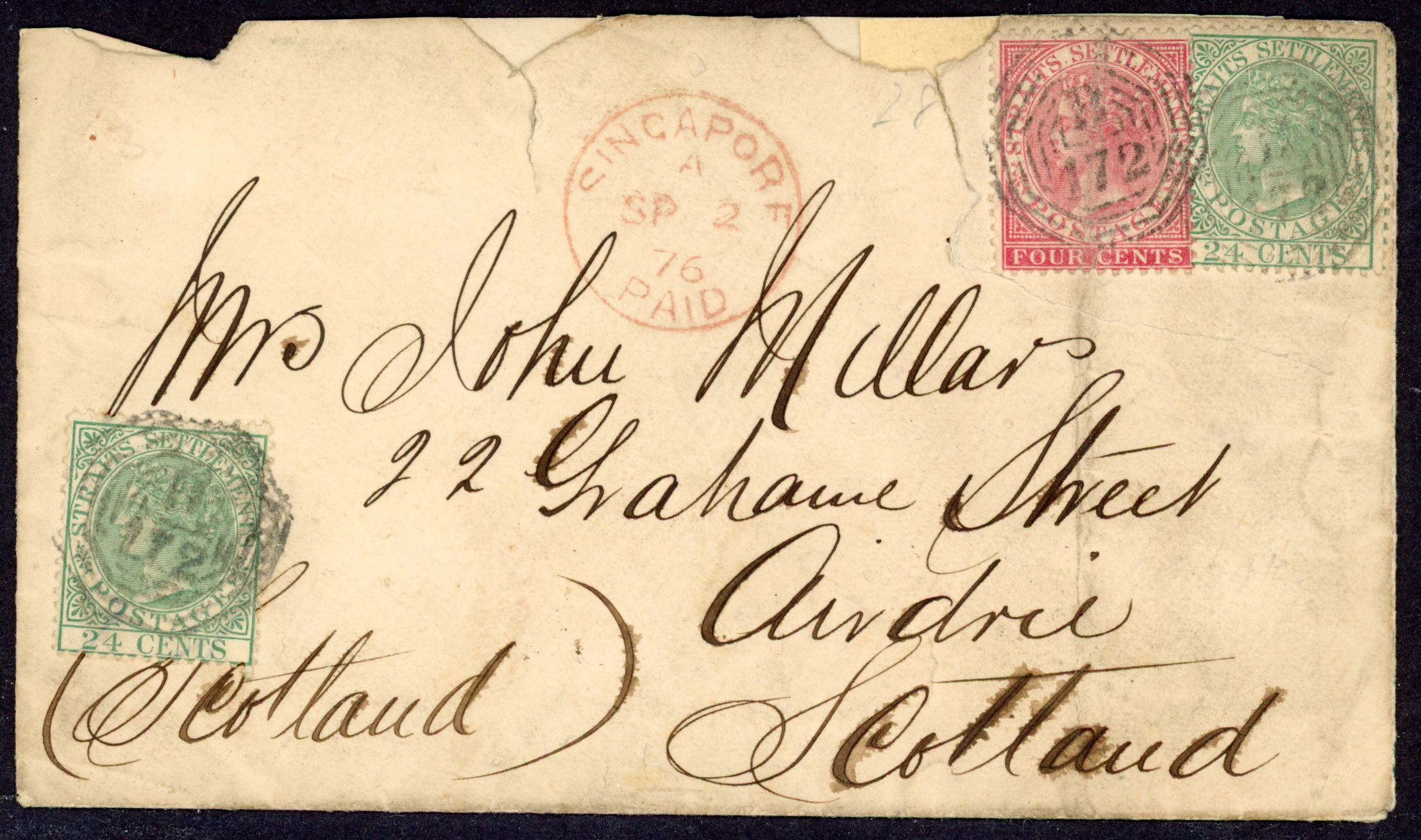 Straits Settlements SG 12, 16 1876 cover from Singapore to Scotland at 28c rate plus 24c late fee