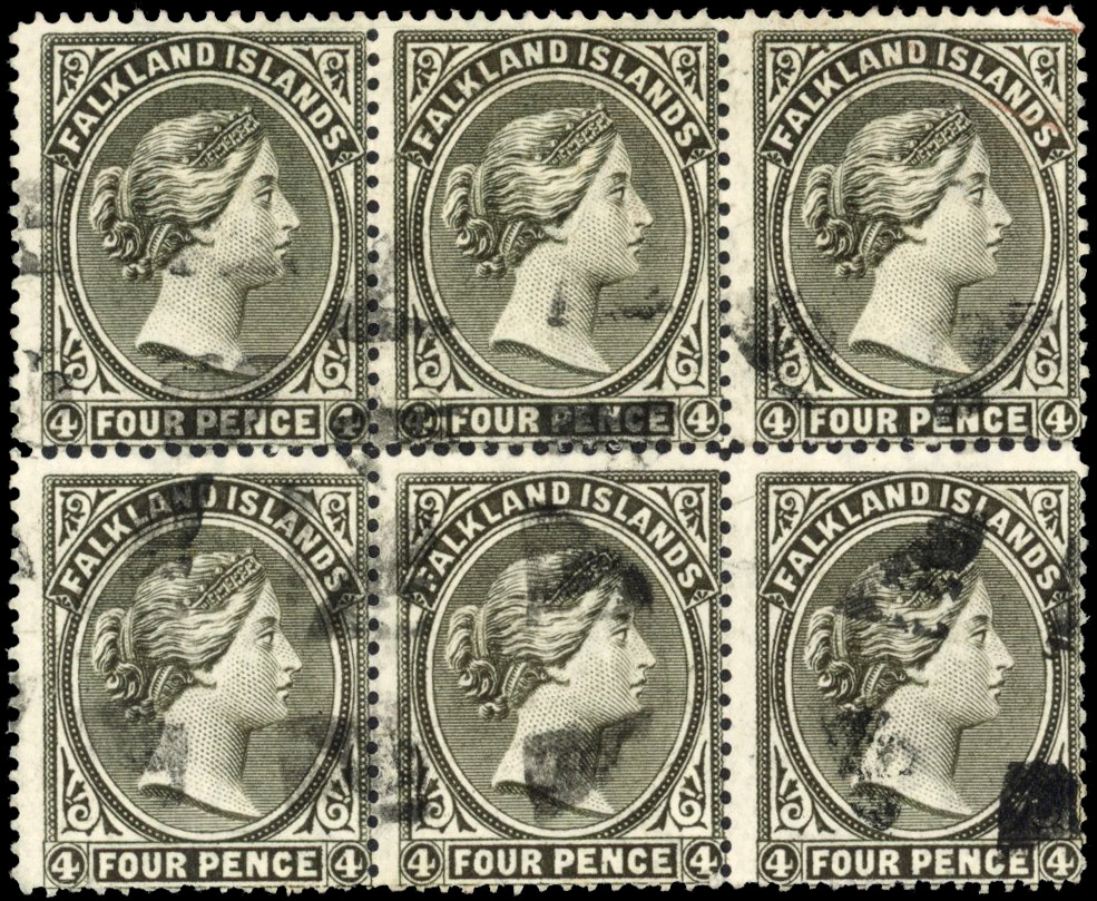Falkland Islands SG 12 1889-91 4d olive grey-black used block of six