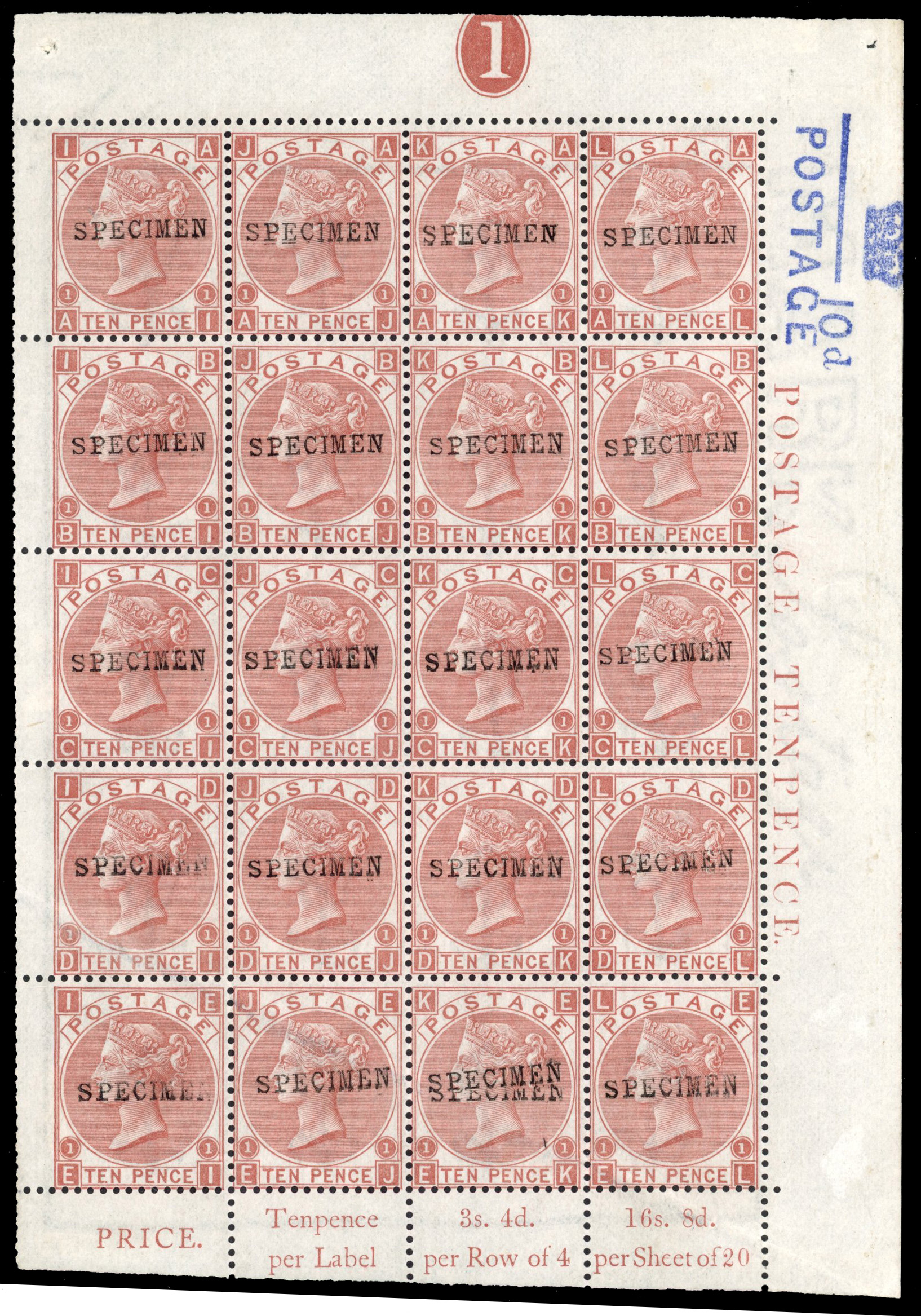 Great Britain SG 113 var 1867-80 10d pale red-brown complete pane opt specimen
