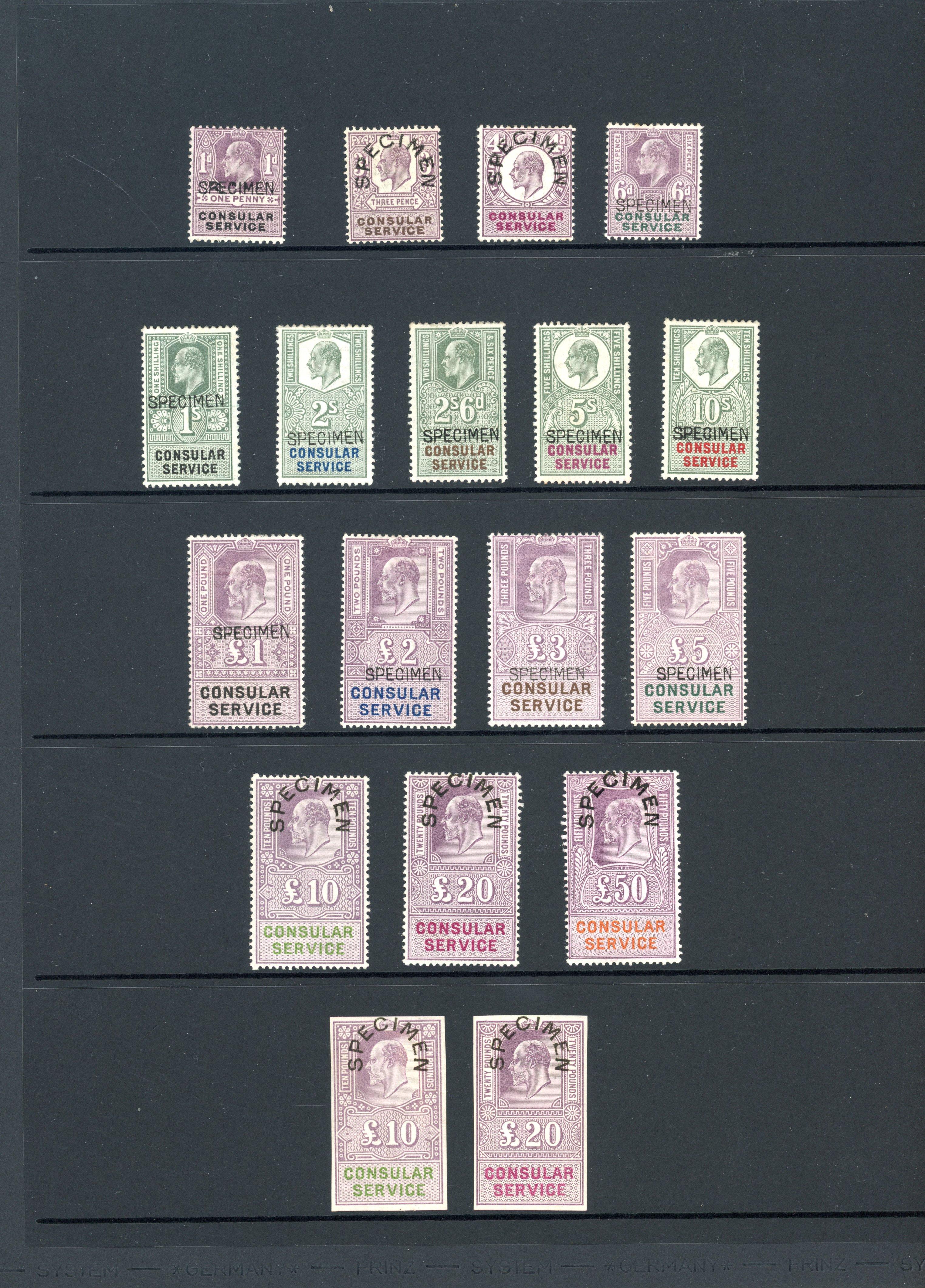 GB Consular Service. 1902 1d to £50 (no 2d not 8s) and imperforate £10 and £20, all mint