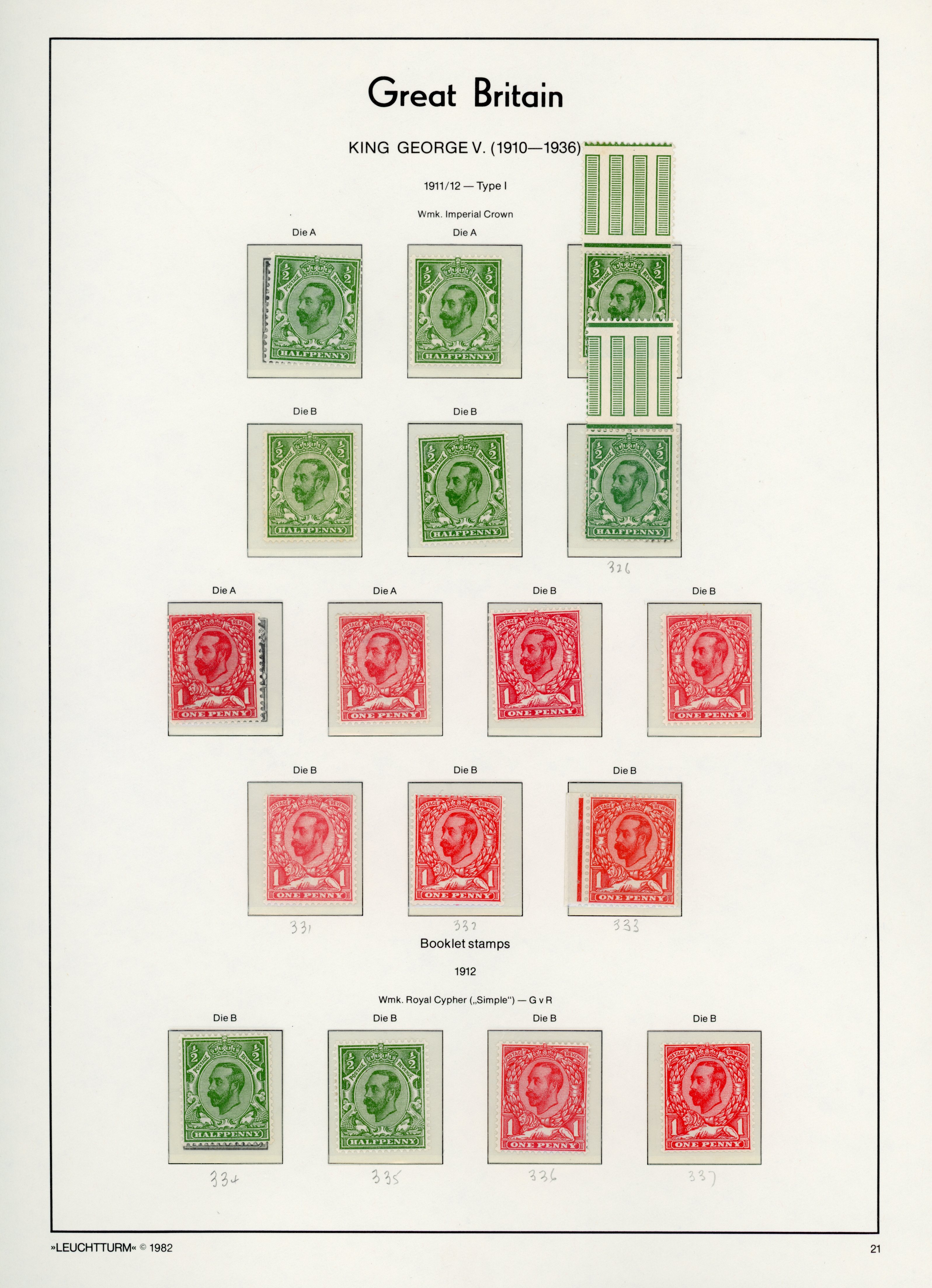 GB KGV Downey head 1911-12 mainly unmounted mint selection arranged on Lighthouse printed album pages