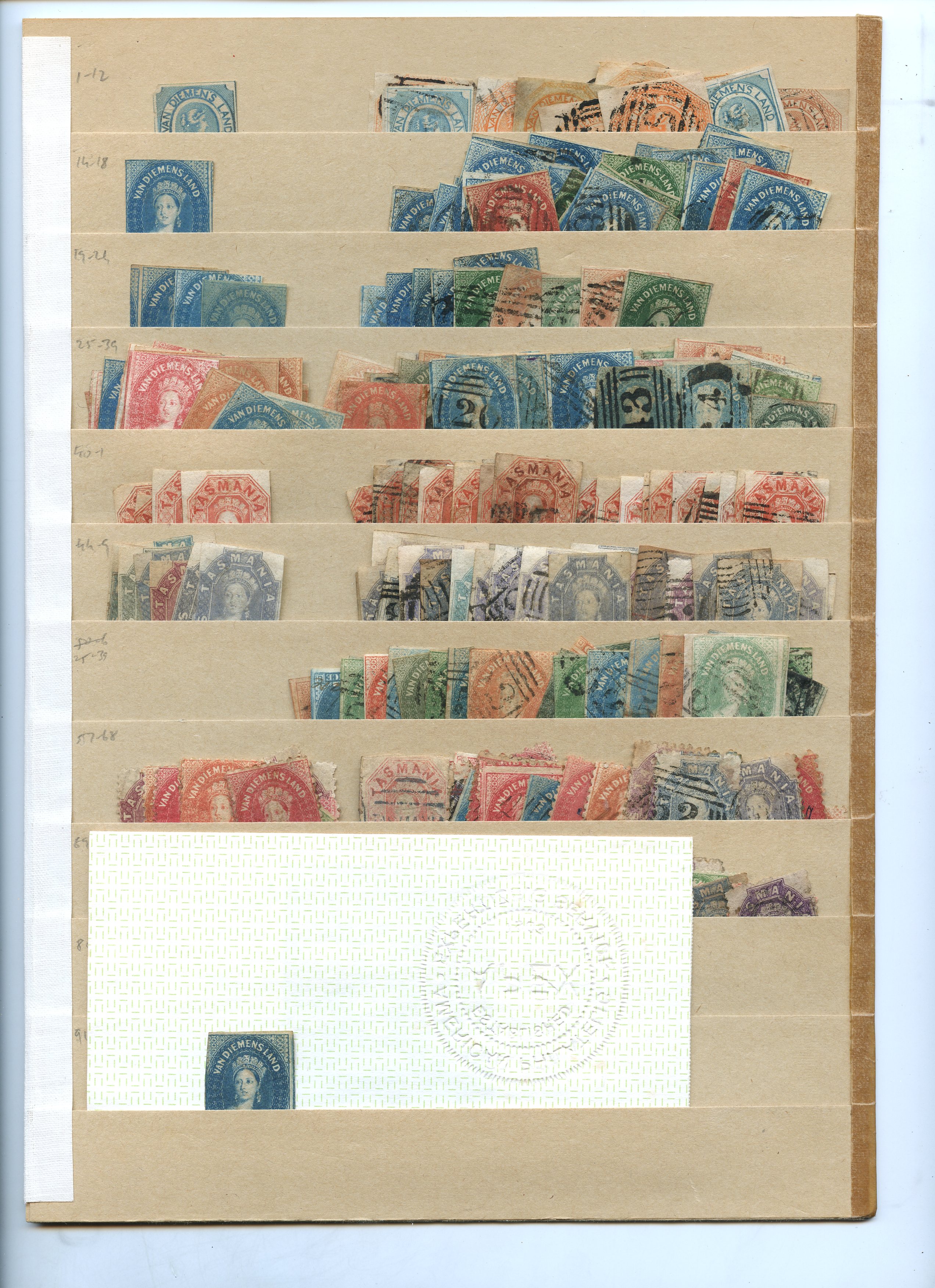 Tasmania mint and used, 1853-1912 mint and used range on manila stocksheets (hundreds)