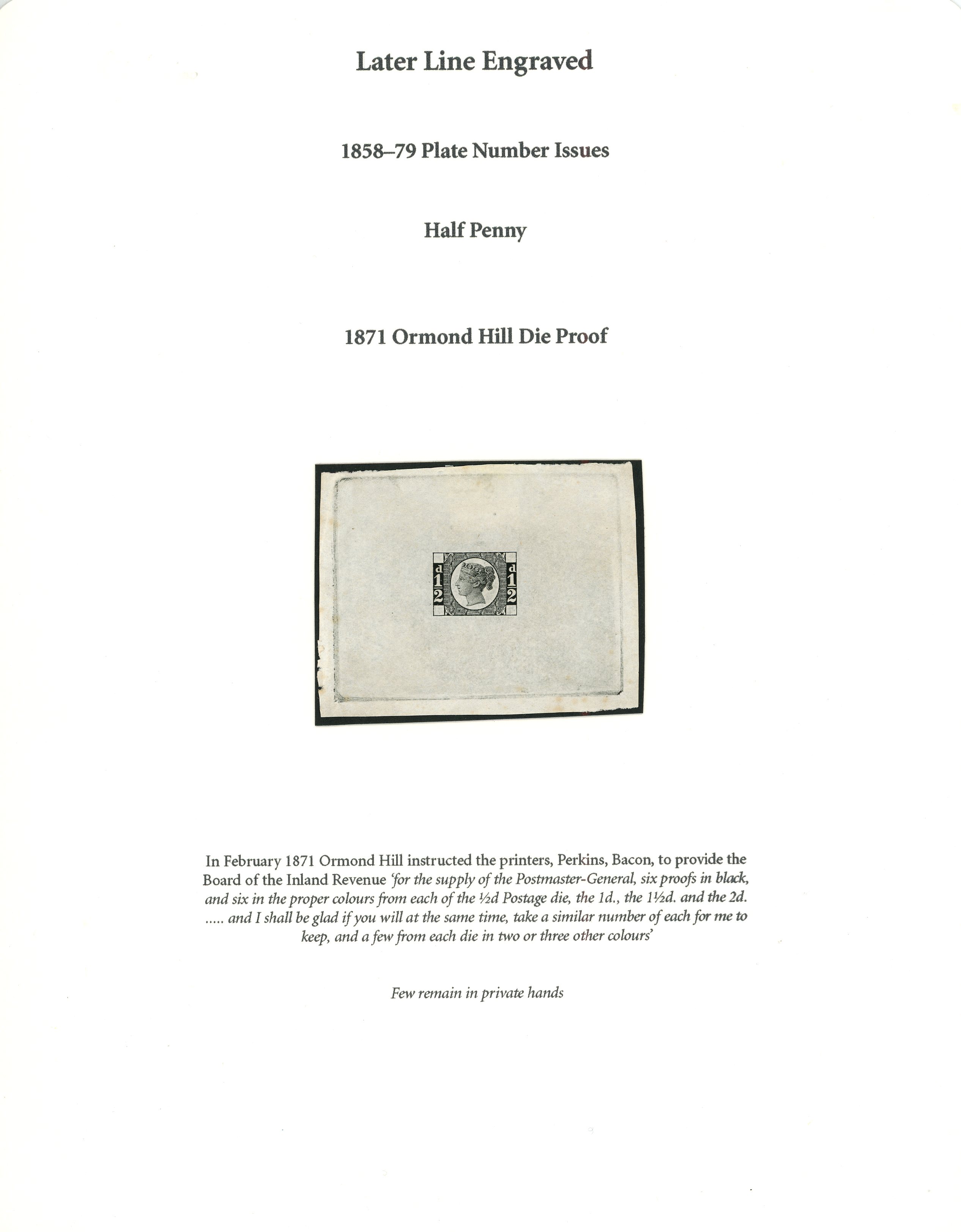 1871 ½d Ormond Hill die proof on this white paper with corner squares blank, superb...