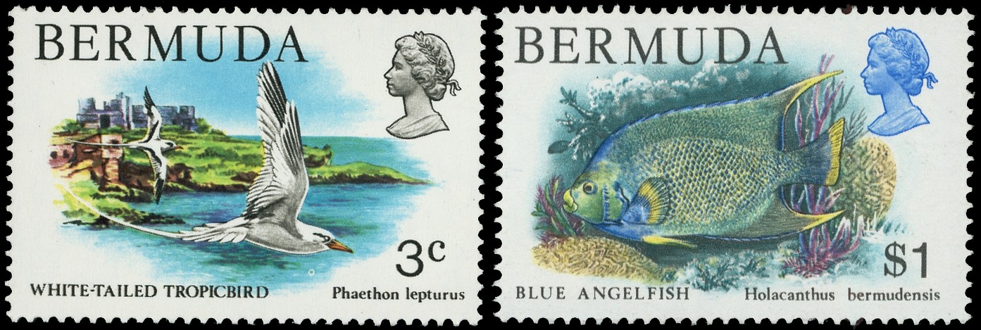 BERMUDA: 1978-83 3c Tropic Bird watermark inverted and $1 Blue Angelfish watermark Crown to right of CA, fine...