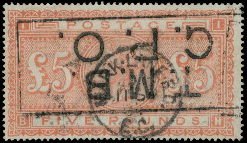 1867-83 QV £5 orange wmk Large Anchor,...