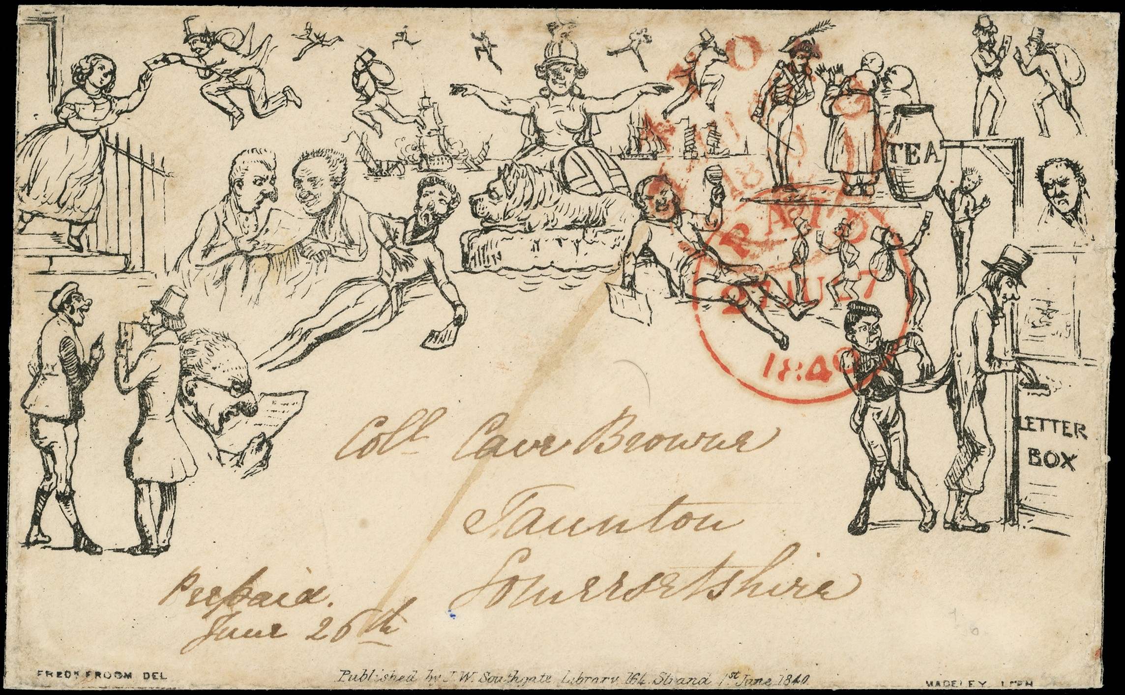1840 J.W. Southgate Ltd - Caricature Envelope no.1 'Pick Pocket' sent June 26th 1840 Oxford to Taunton via...
