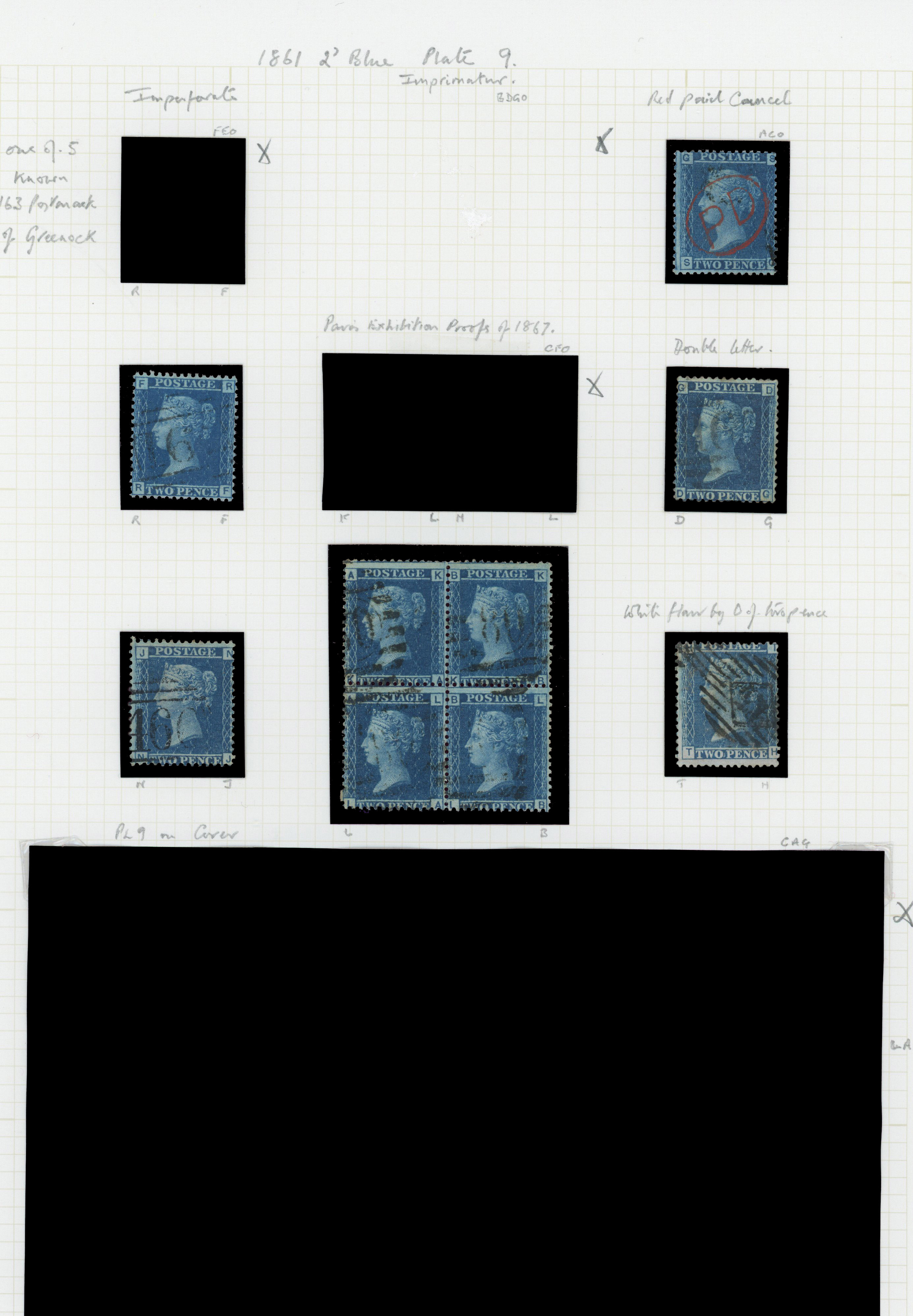 1861 2d Blue Pl.9 (SG45 thick white line, Wmk. Large Crown, Perf 14). Study of plate 9