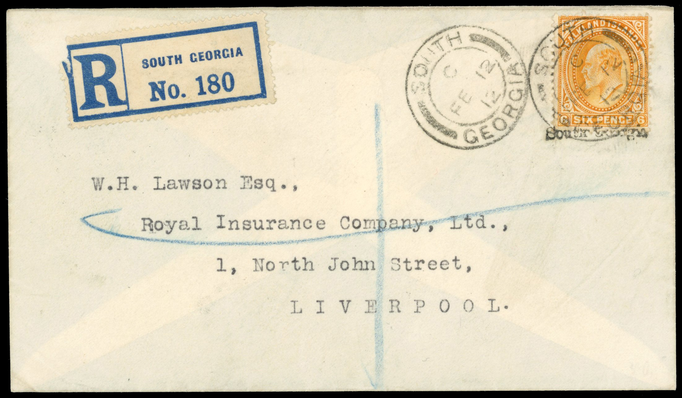 Falkland Islands Dependencies SG ZU3 1912 KEVII 6d cover with South Georgia underprint