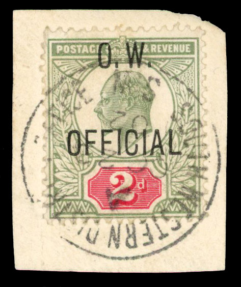 OFFICIAL: 1902 2d yellowish green and  carmine red, O.W. Official, used on small piece tied by 'South Western District...