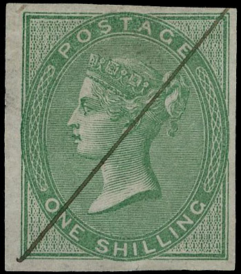 1856 1s Green plate proof. Very fine imperforate example printed on unwatermarked, ungummed white wove pelure paper with…