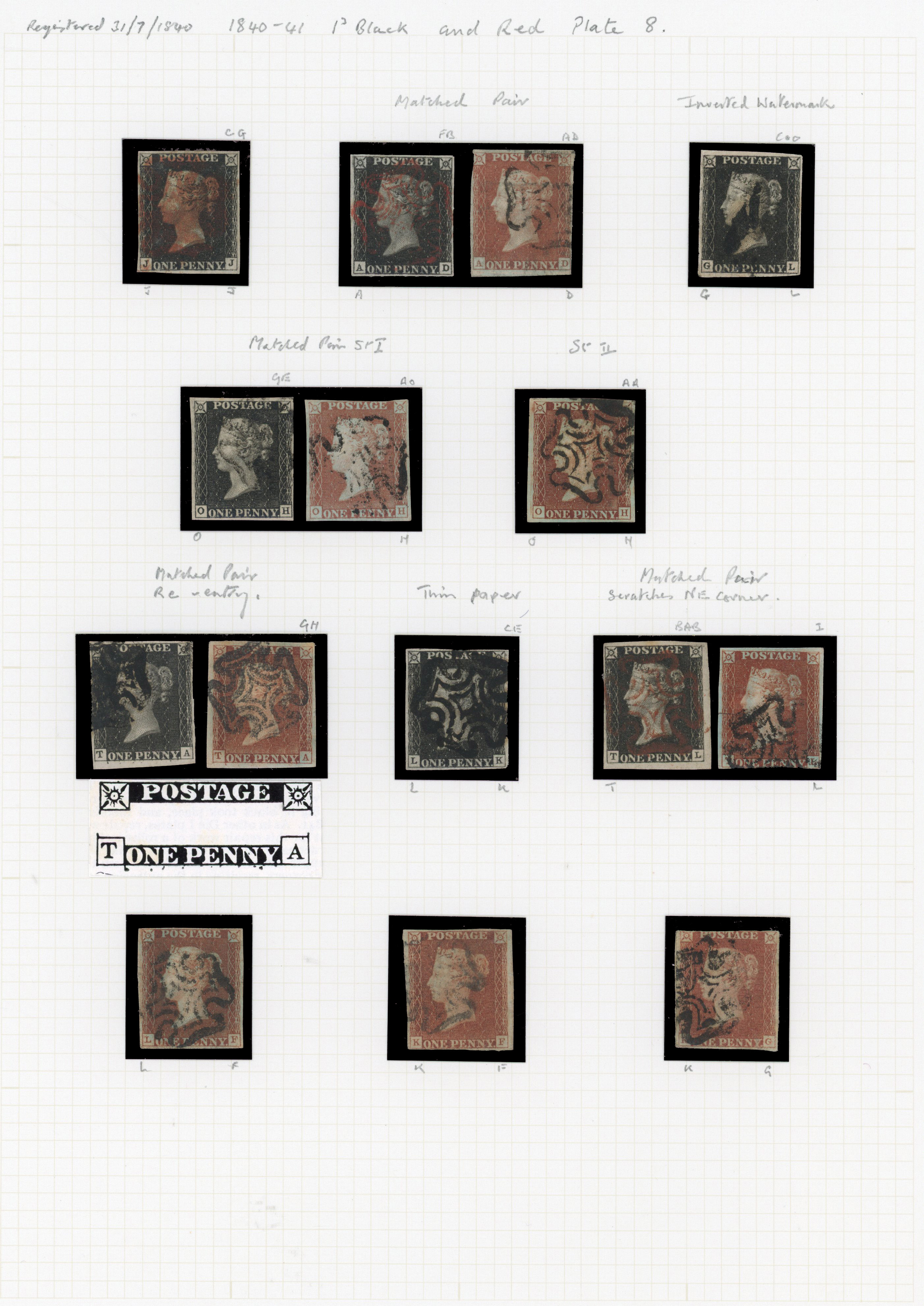 1840 1d Black Pl.8. Interesting group of fifteen used adhesives 