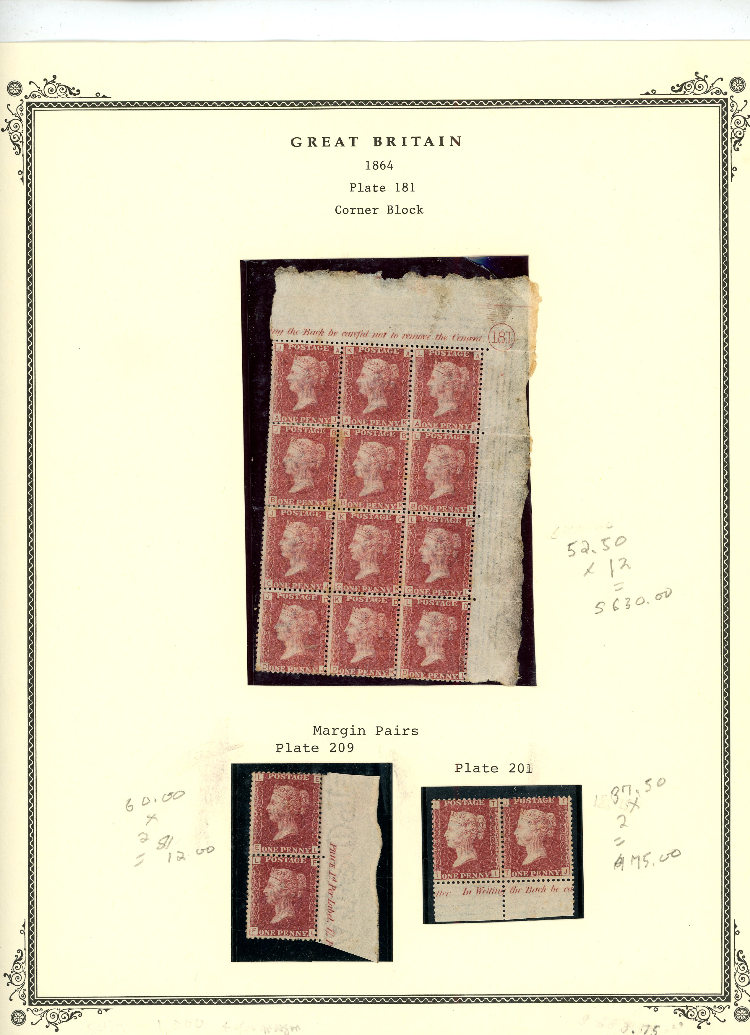 GB: 1864 1d rose-red, plate 181, mint u/r corner marginal block of 12 (3 x 4) showing...