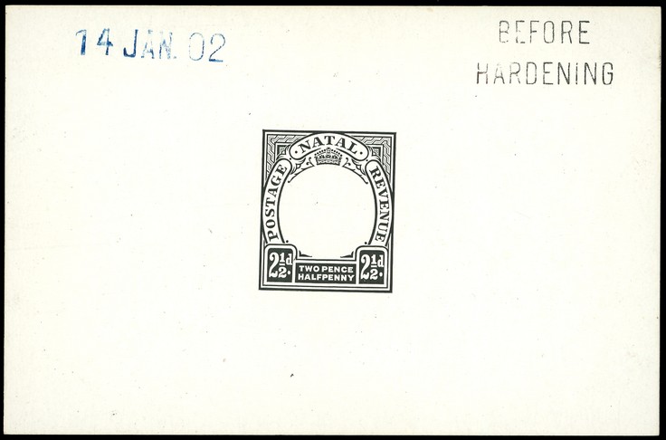 1902 Die Proof of 2½d Duty Plate in black on glazed card 93 x 60mm, dated 14 JAN. 02 in blue and marked BEFORE HARDENING. ...